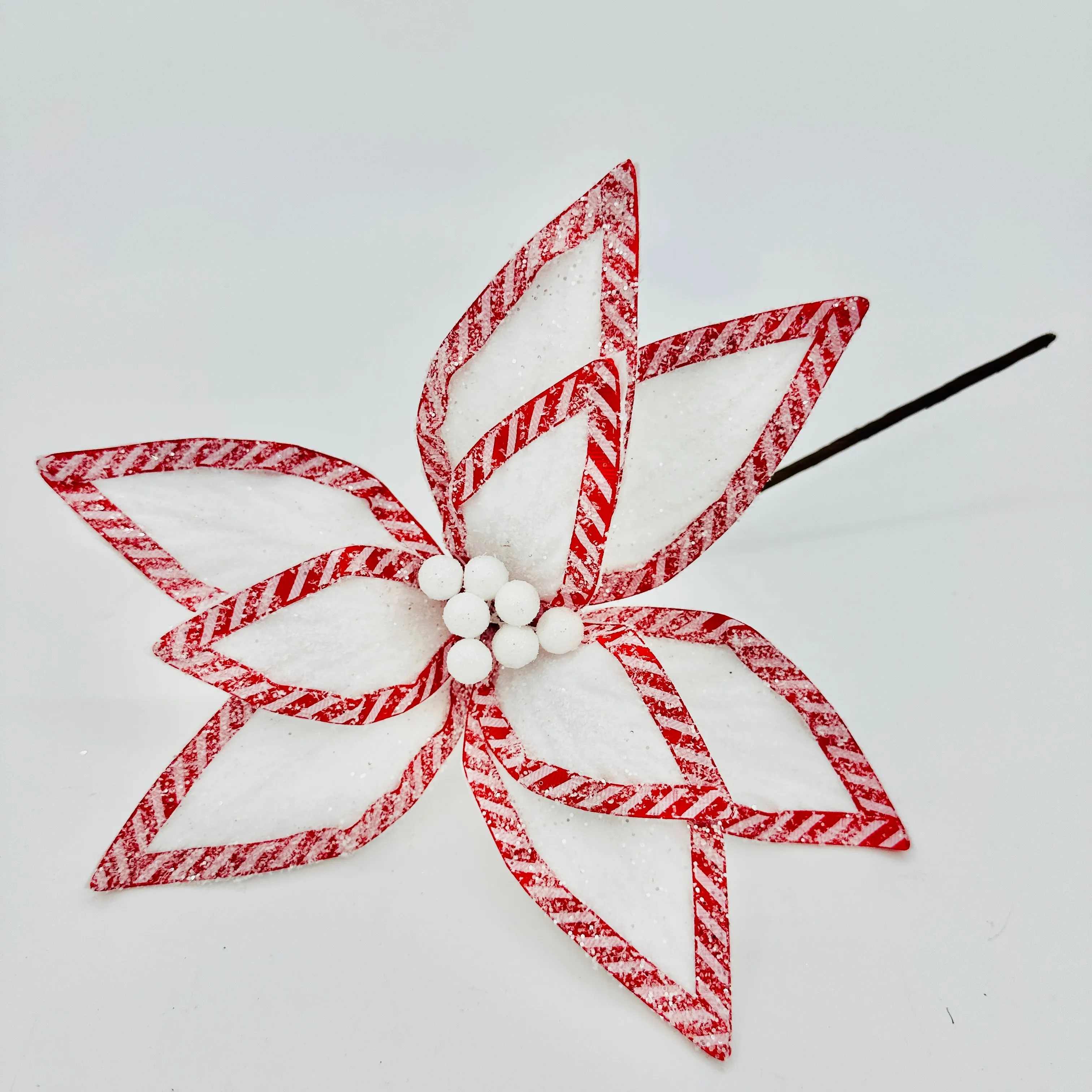 14" White Frosted Velvet Poinsettia with Candy Cane Border
