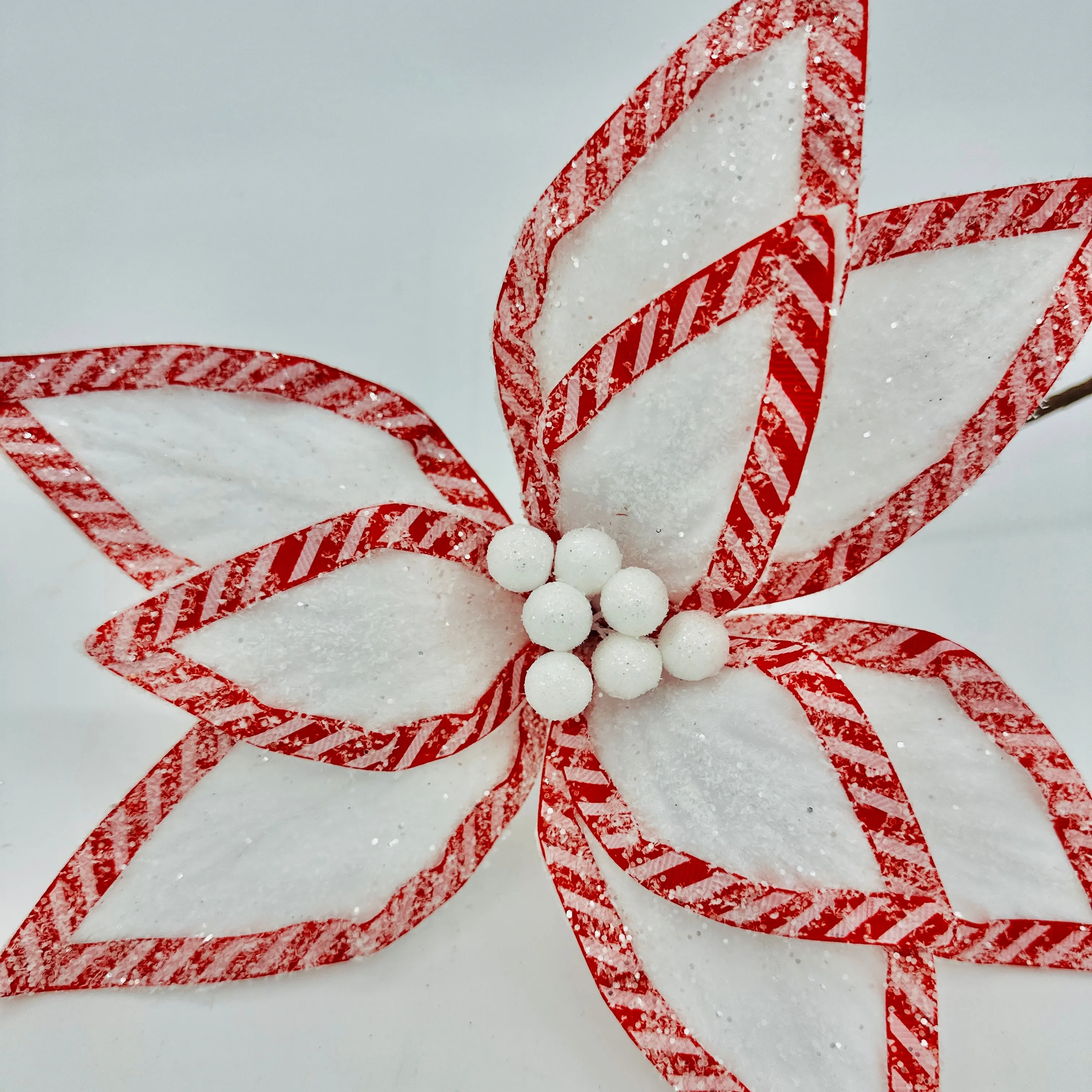 14" White Frosted Velvet Poinsettia with Candy Cane Border