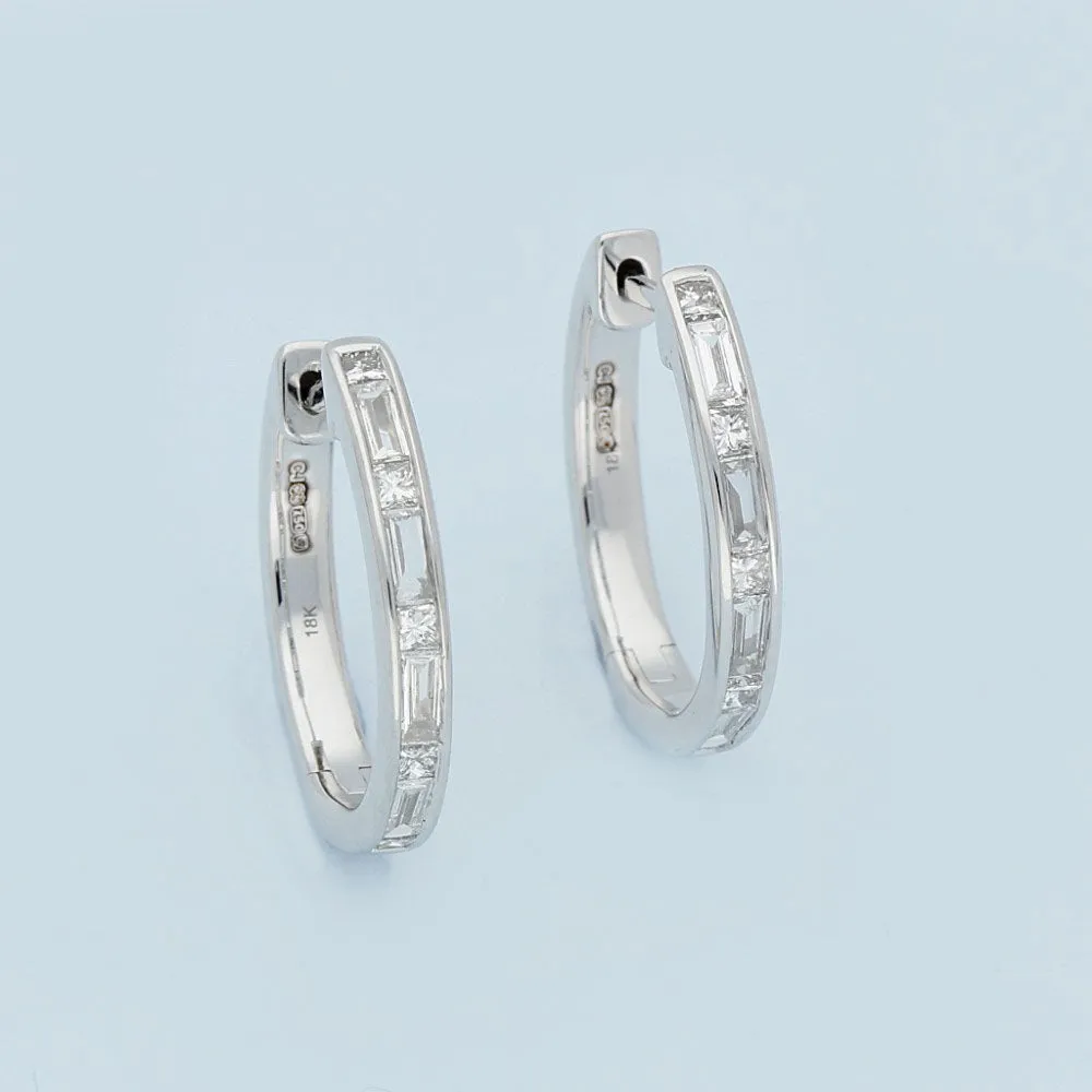 18ct White Gold Princess and Baguette Cut Diamond Hoop Earrings