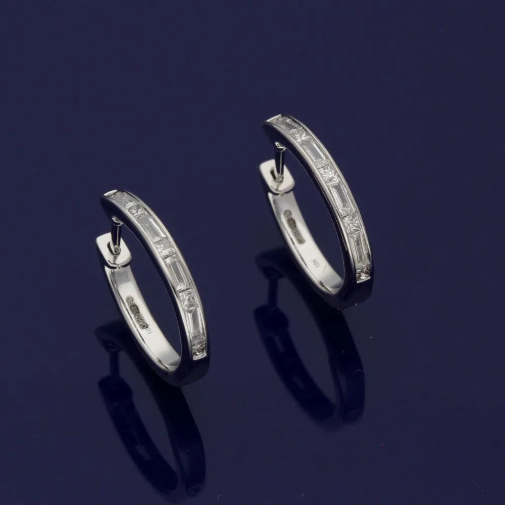 18ct White Gold Princess and Baguette Cut Diamond Hoop Earrings