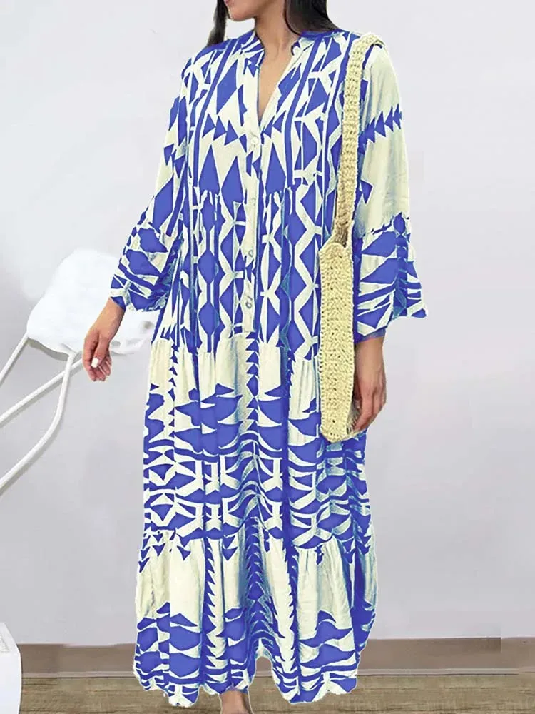 2024 Elegant Vintage Floral Printed Boho Dress with Long Sleeves