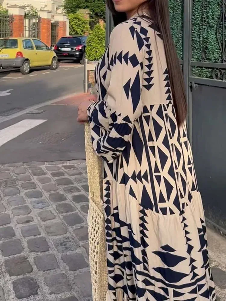 2024 Elegant Vintage Floral Printed Boho Dress with Long Sleeves