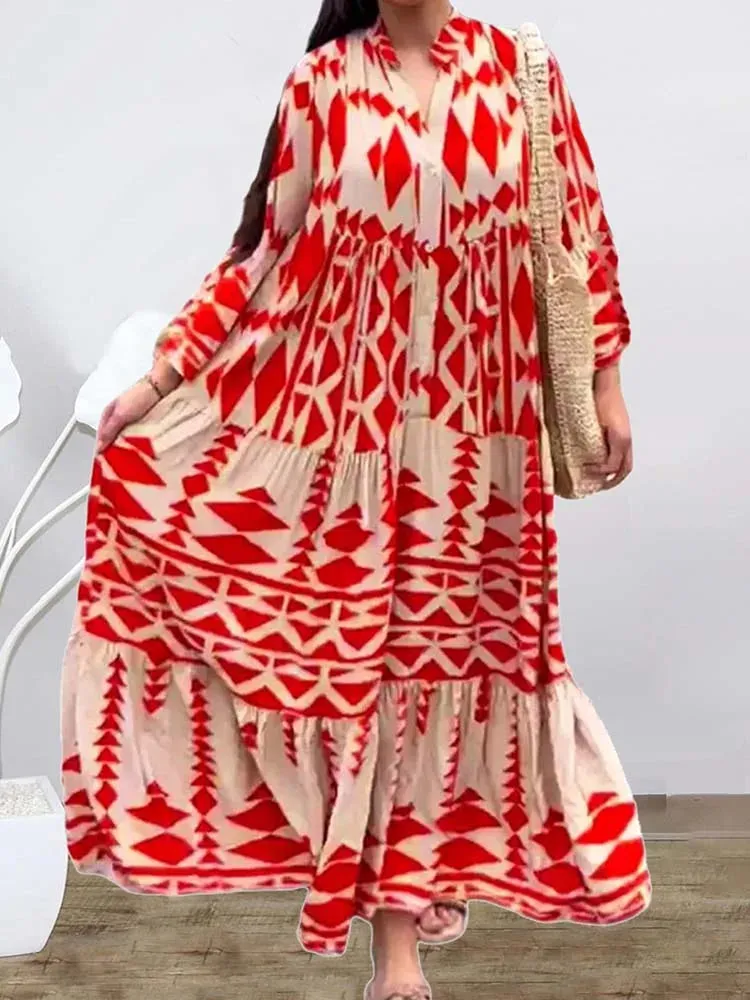 2024 Elegant Vintage Floral Printed Boho Dress with Long Sleeves