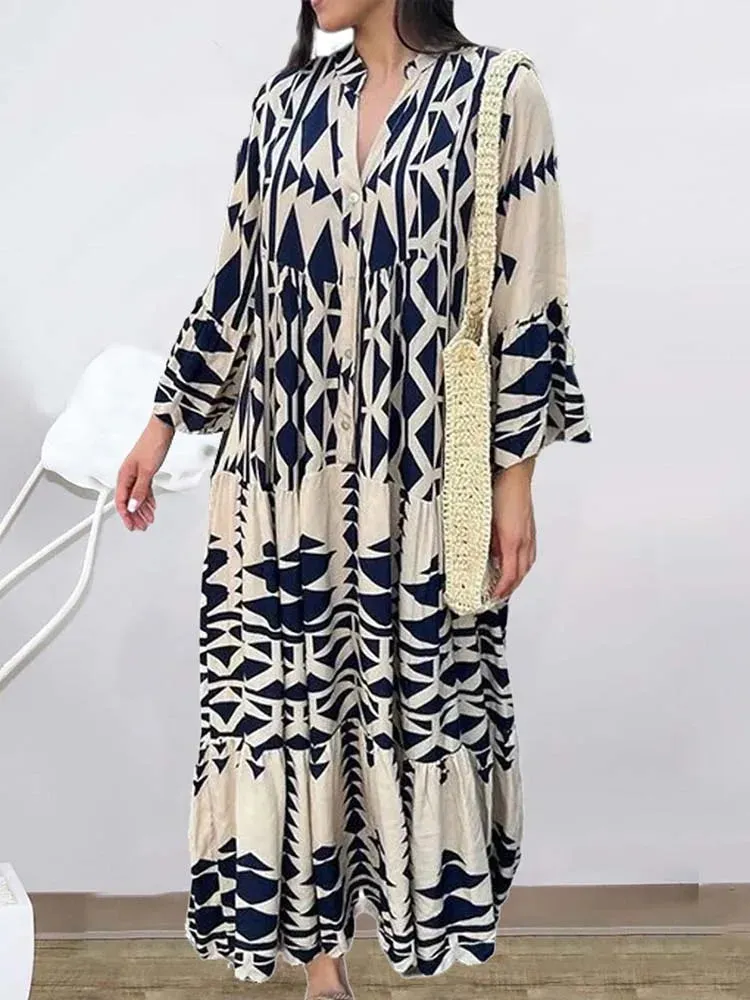 2024 Elegant Vintage Floral Printed Boho Dress with Long Sleeves