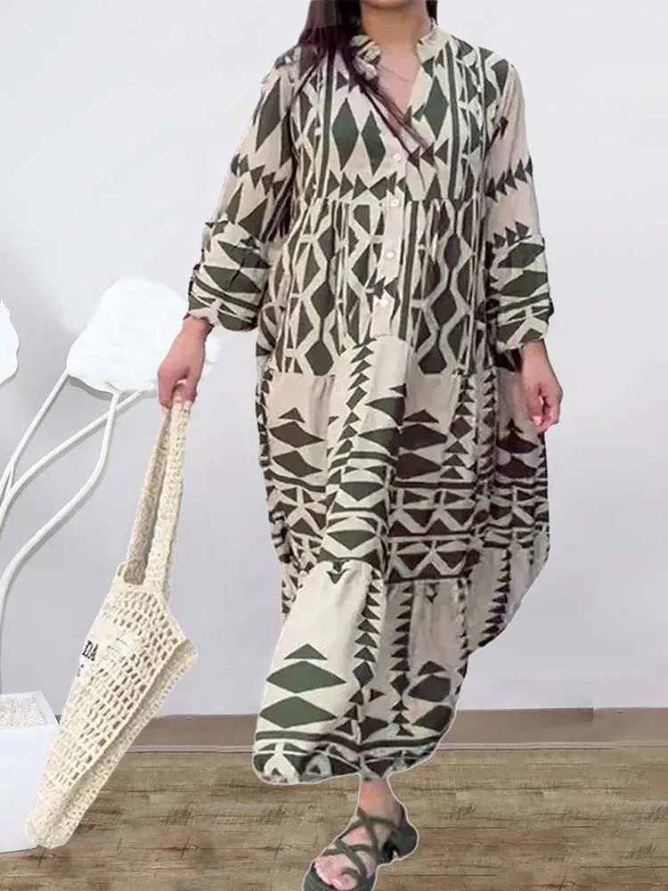 2024 Elegant Vintage Floral Printed Boho Dress with Long Sleeves