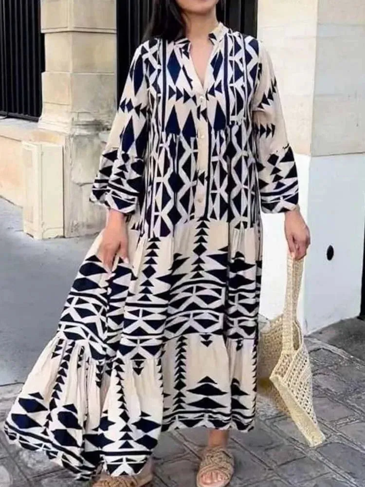 2024 Elegant Vintage Floral Printed Boho Dress with Long Sleeves