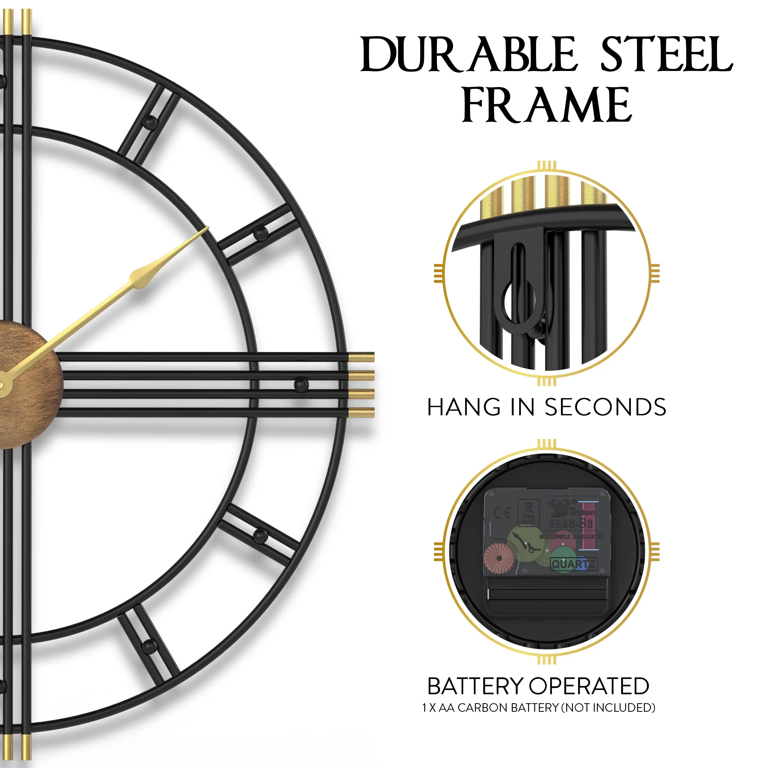 24" Black & Gold Oversized Modern Wall Clock