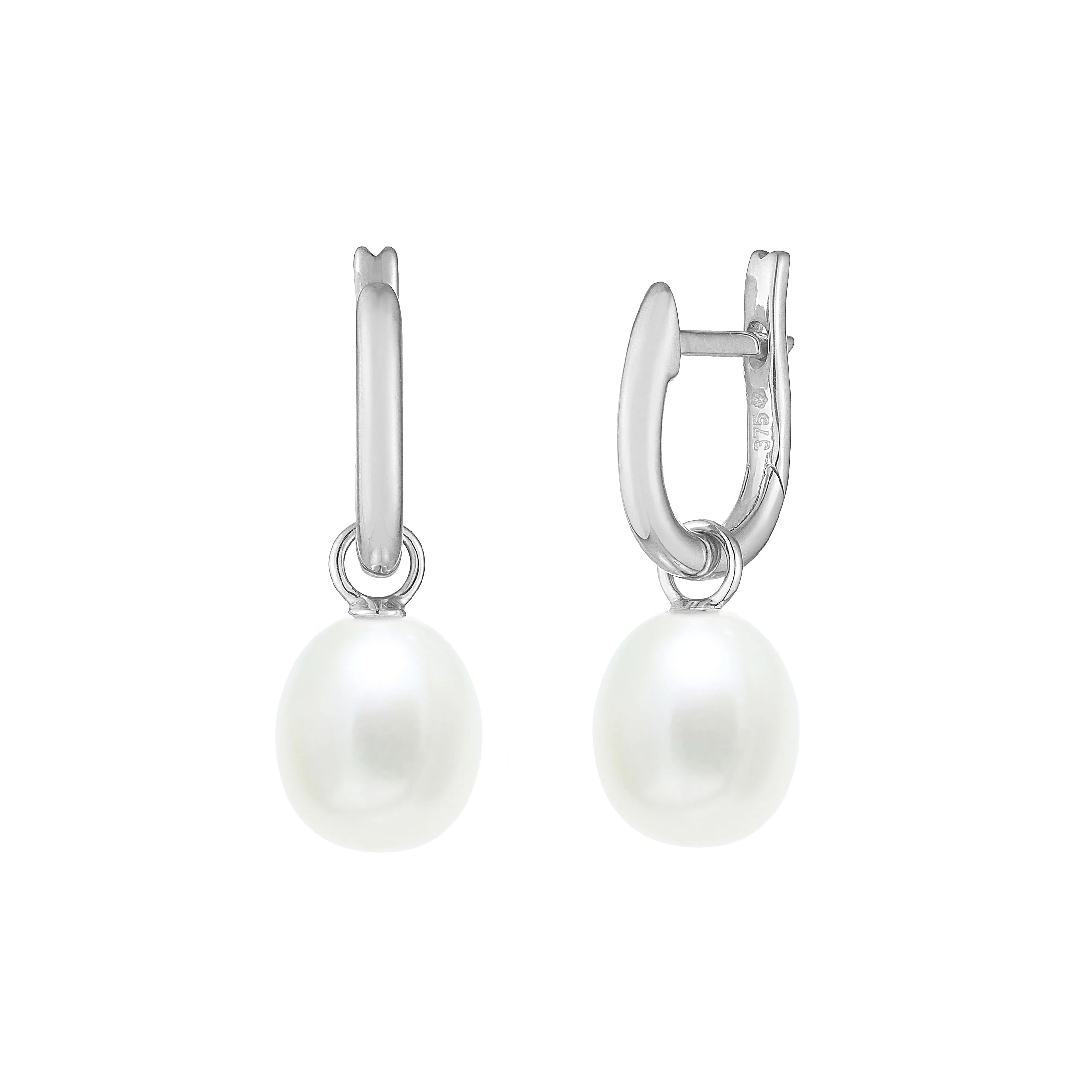 7.5-8mm White Freshwater Pearl 9ct White Gold Drop Huggie Earrings