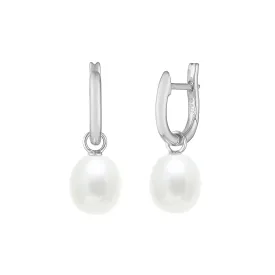 7.5-8mm White Freshwater Pearl 9ct White Gold Drop Huggie Earrings