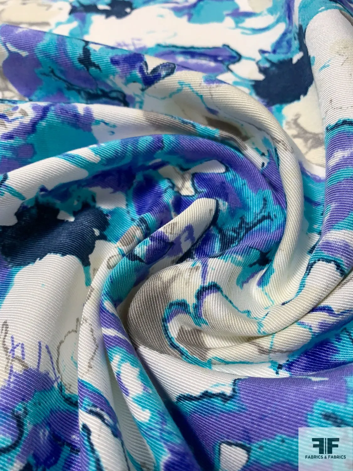 Abstract Printed Cotton and Silk Faille - Turquoise / Purple / Navy / Off-White