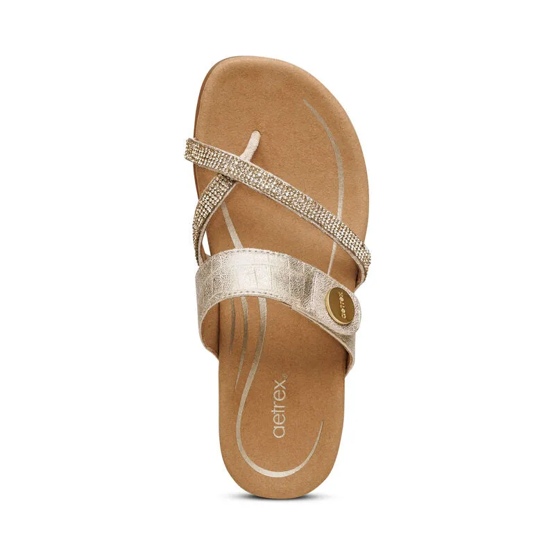 Aetrex Izzy Sparkle Thong Gold Leather Slide SE232