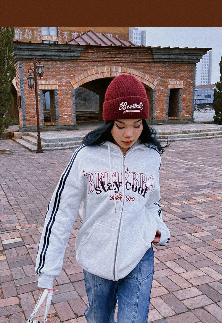 BEERBRO staycool Letter Embroidery Long Stripe Sleeve Zip Up Hoodie