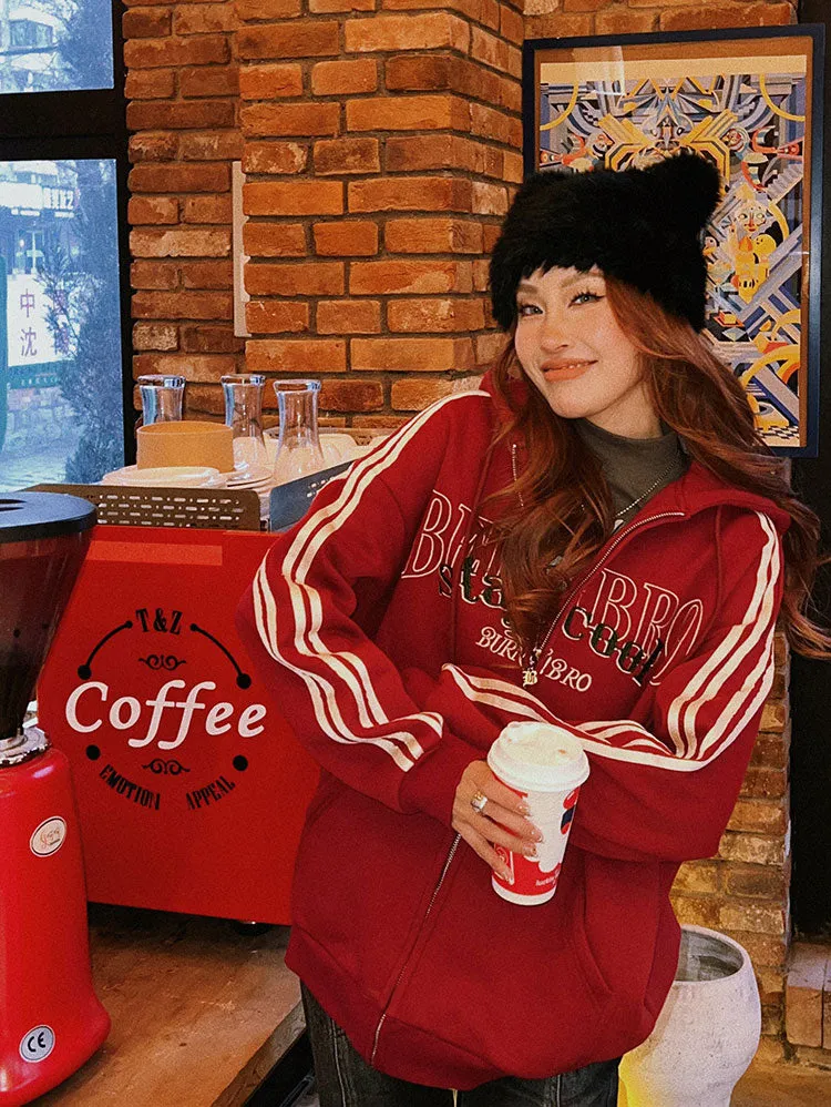 BEERBRO staycool Letter Embroidery Long Stripe Sleeve Zip Up Hoodie