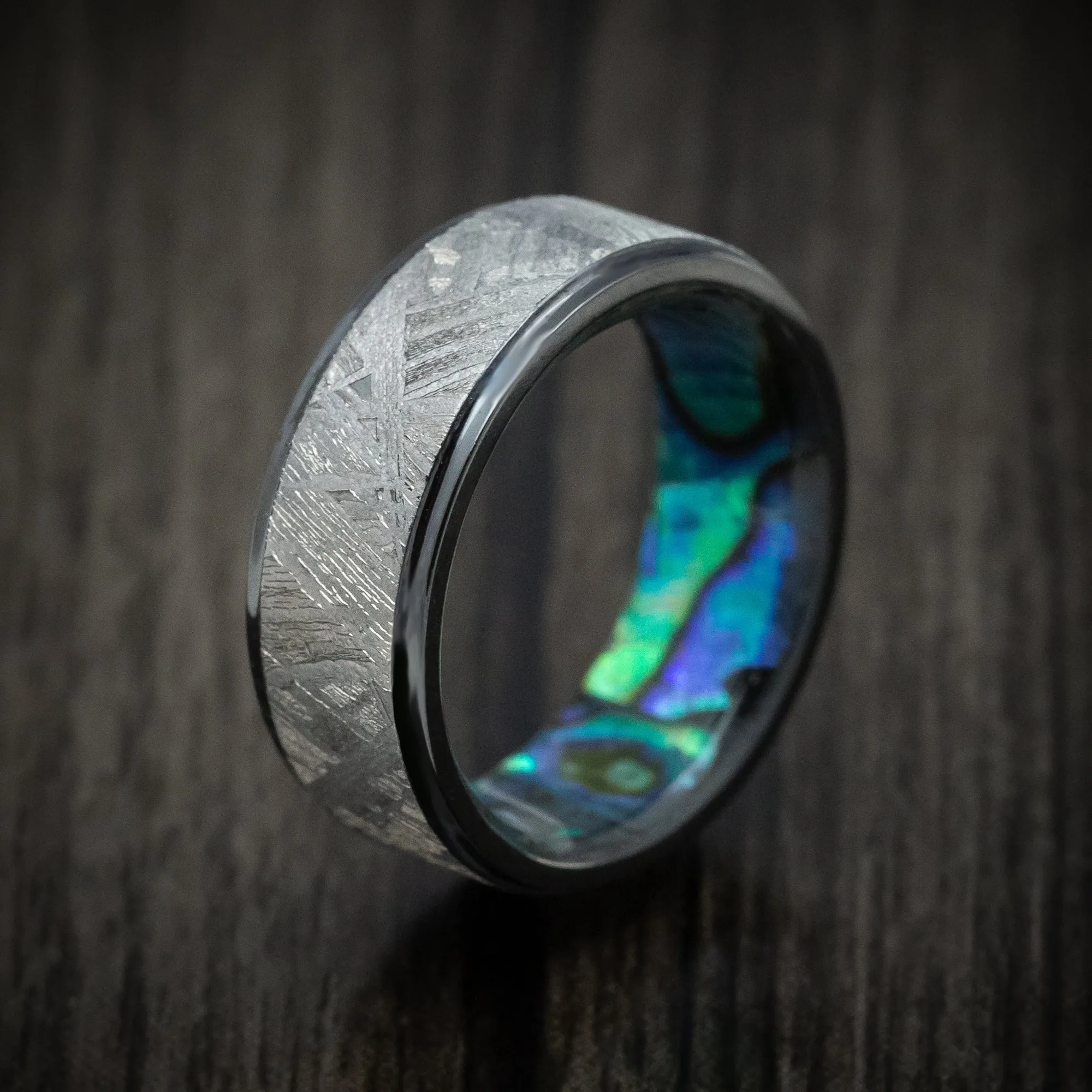 Black Titanium Men's Ring with Gibeon Meteorite Inlay and Abalone Sleeve Custom Made Band