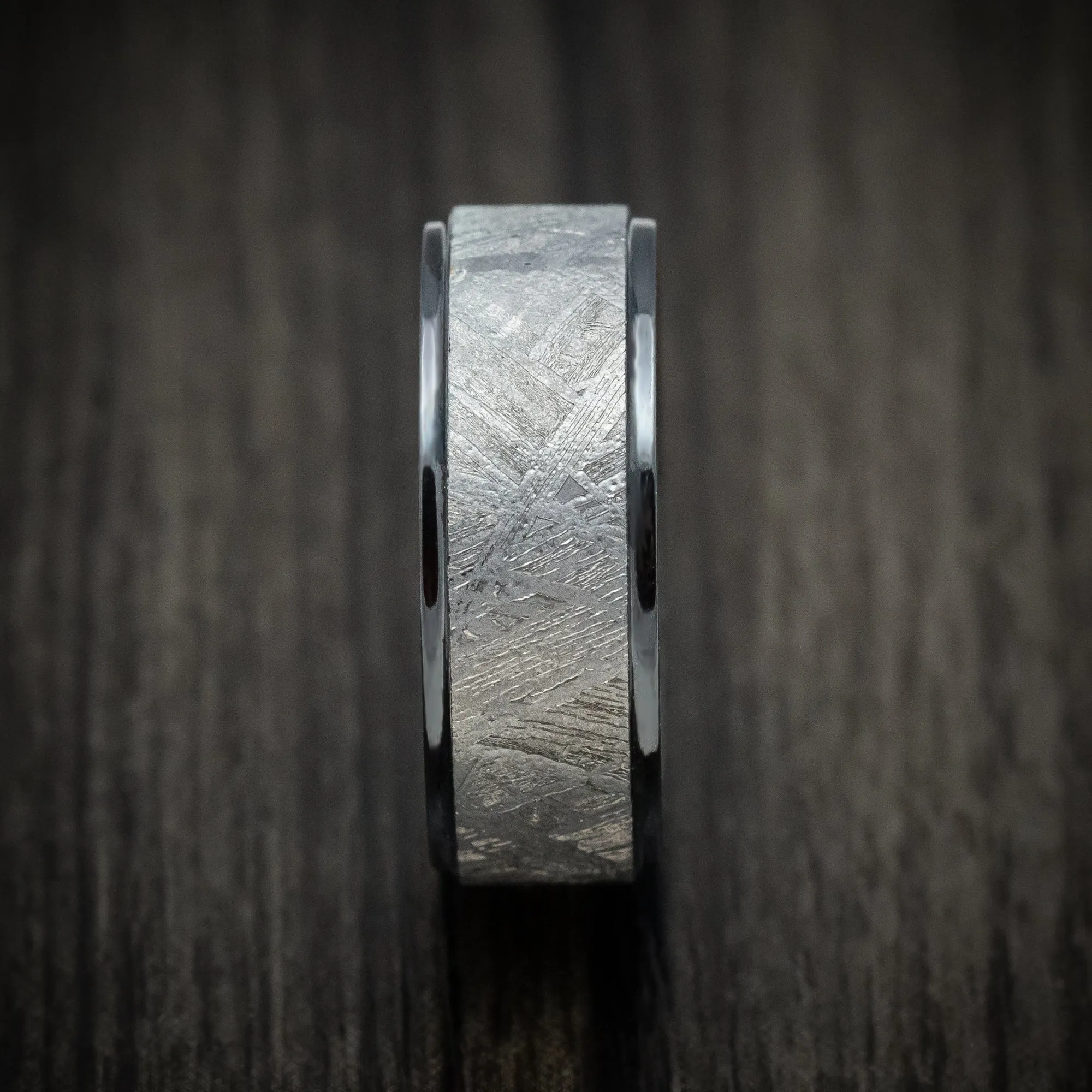 Black Titanium Men's Ring with Gibeon Meteorite Inlay and Abalone Sleeve Custom Made Band