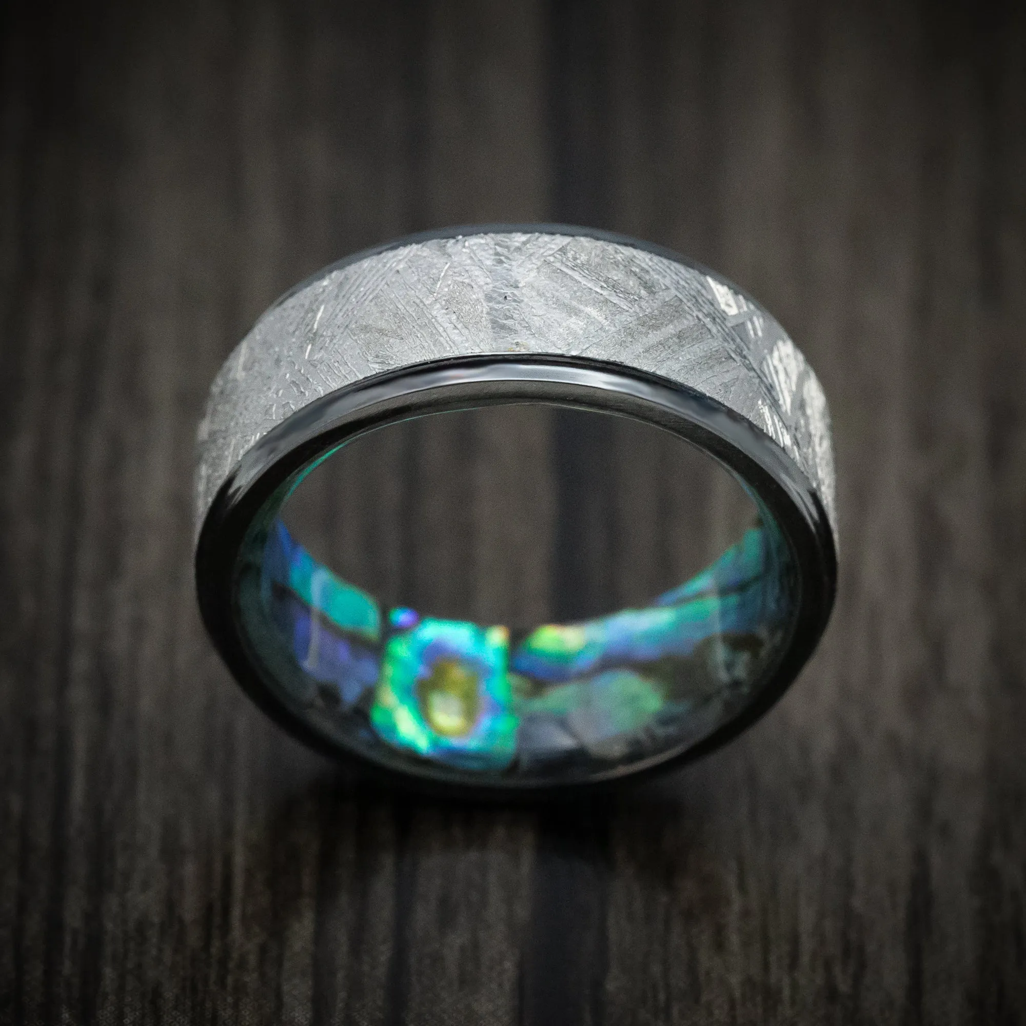 Black Titanium Men's Ring with Gibeon Meteorite Inlay and Abalone Sleeve Custom Made Band