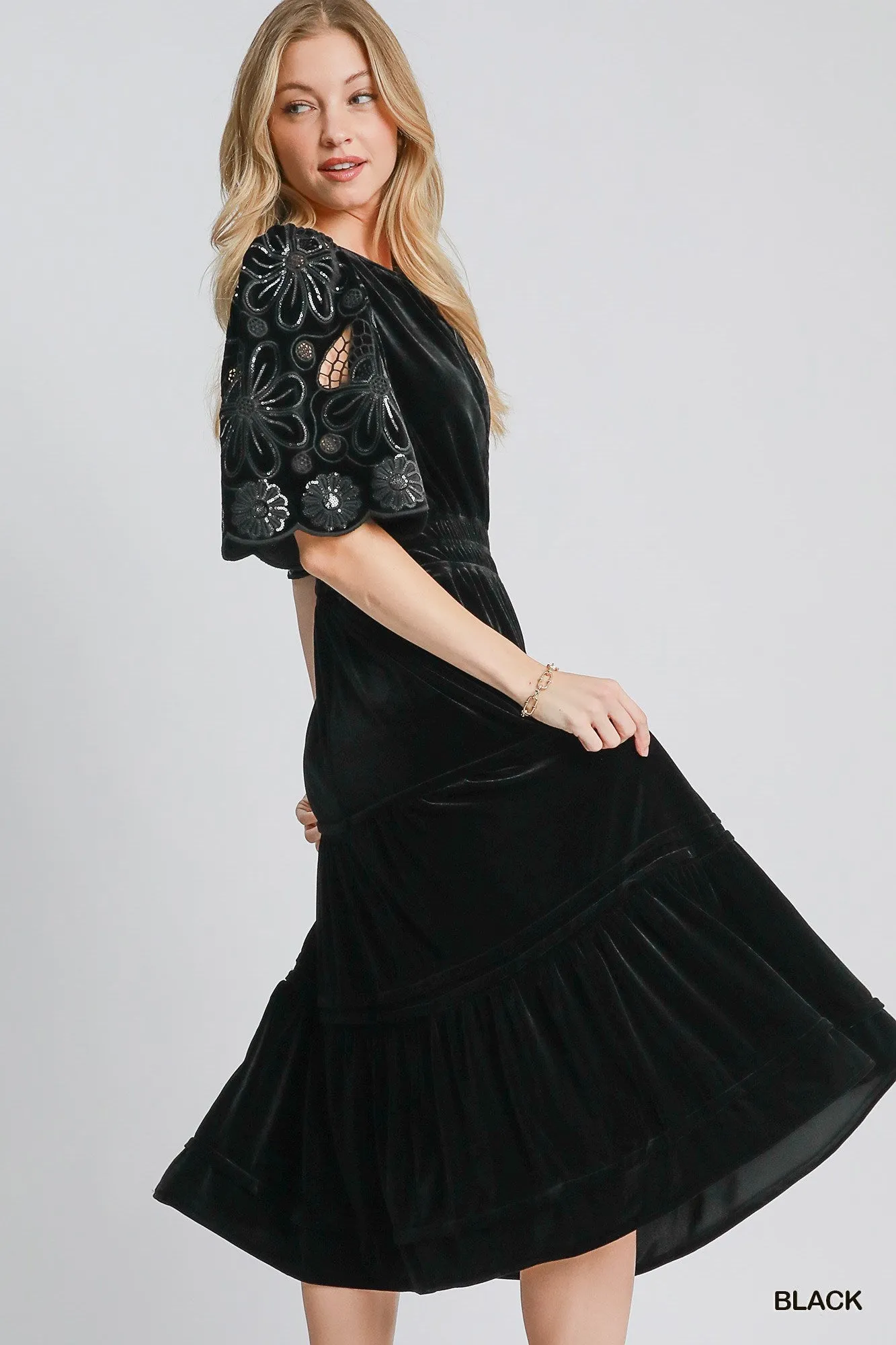 Black Velvet Tiered Maxi Dress w/ Floral Lace Sleeves