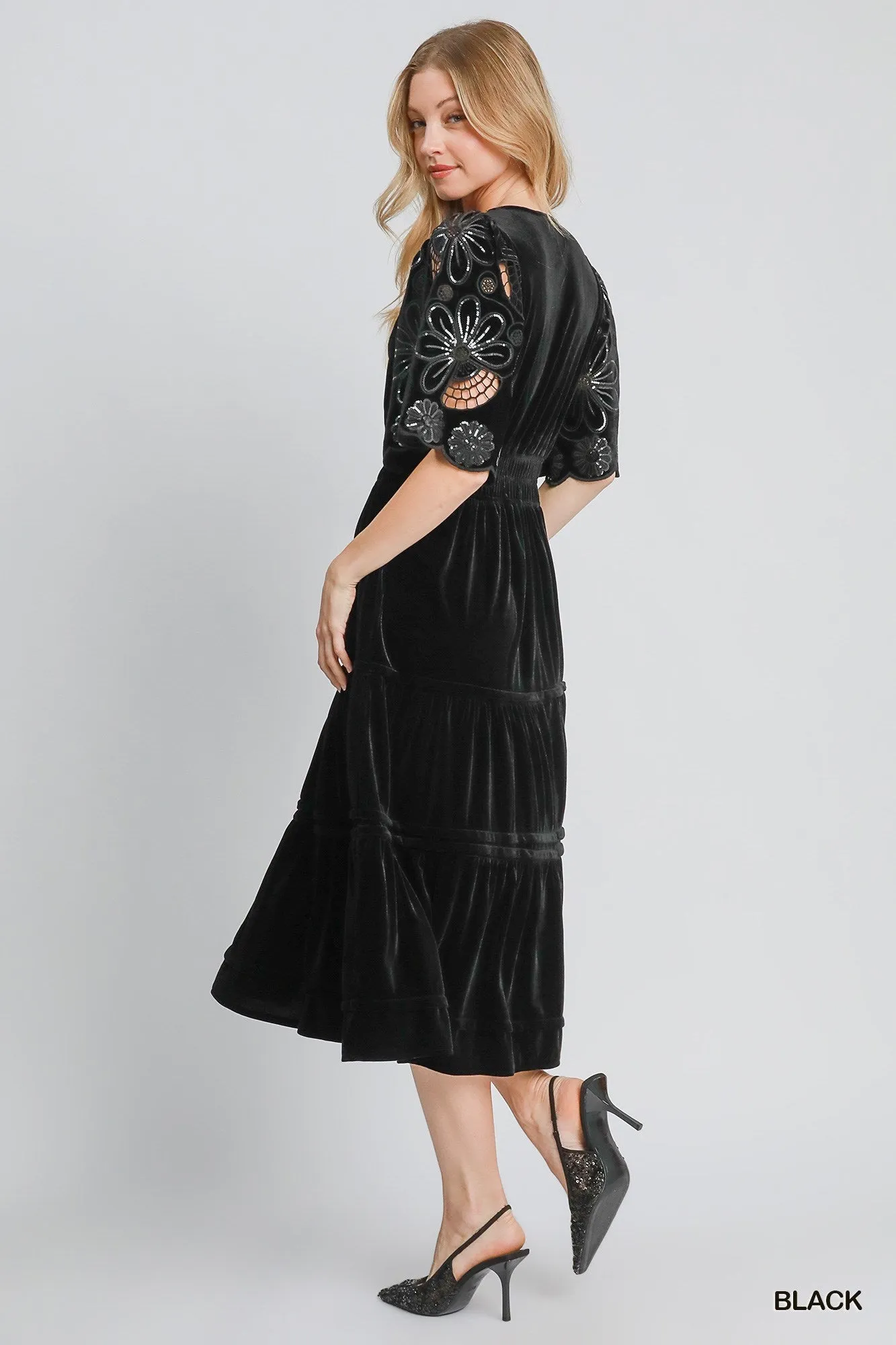 Black Velvet Tiered Maxi Dress w/ Floral Lace Sleeves