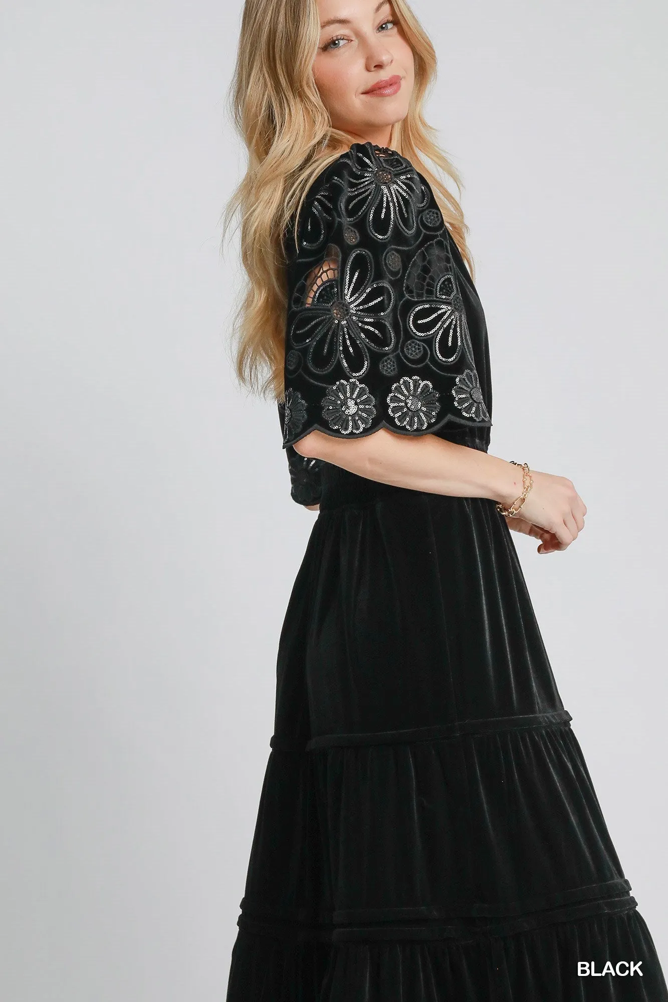Black Velvet Tiered Maxi Dress w/ Floral Lace Sleeves