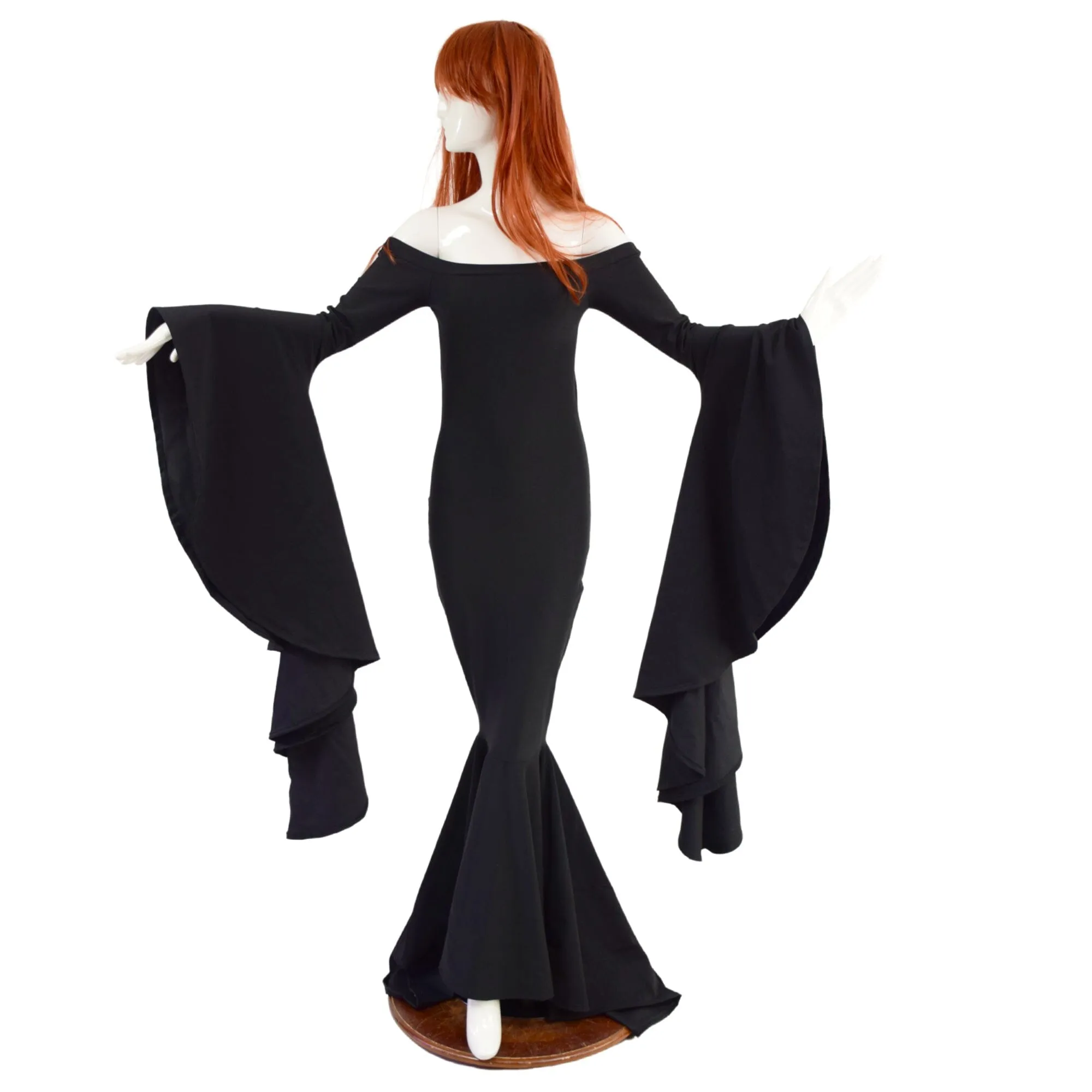 Black Zen Morticia Gown with Off Shoulder Neckline & Sorceress Sleeves