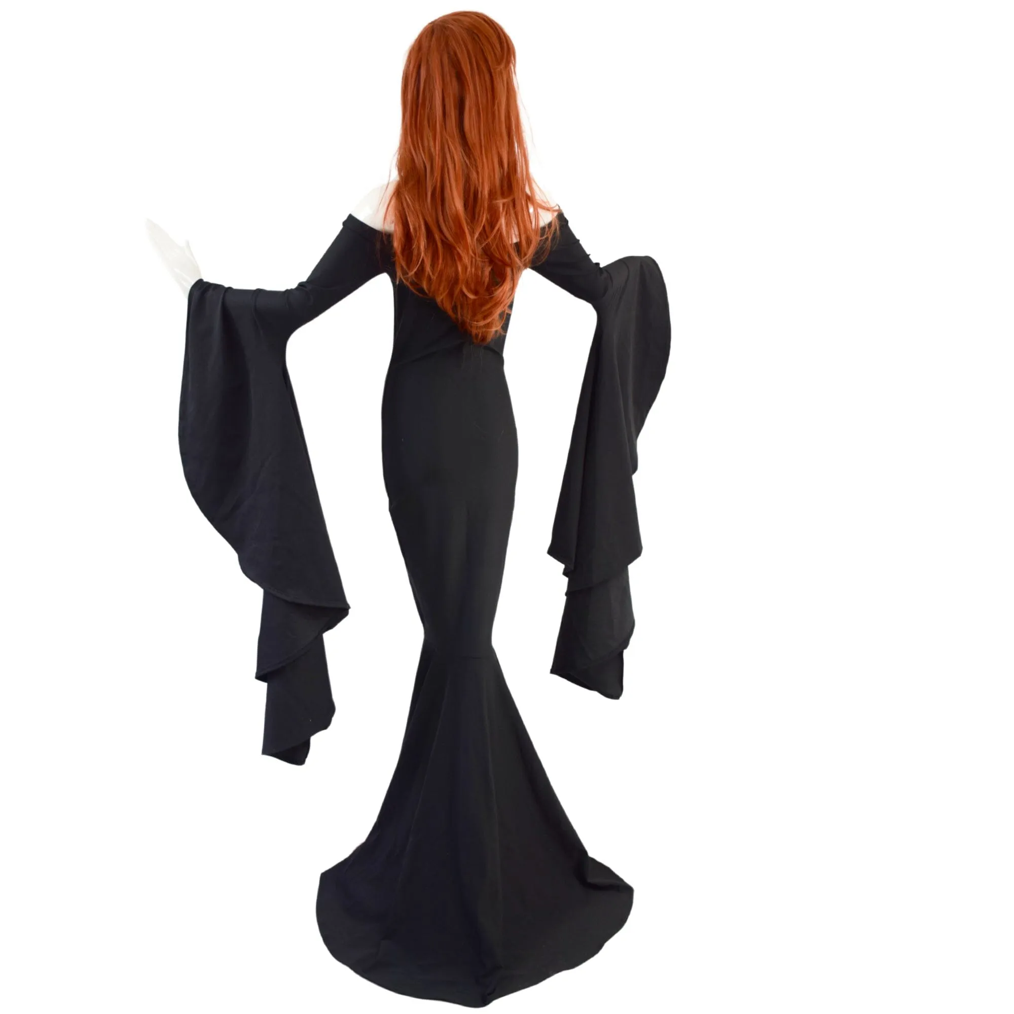 Black Zen Morticia Gown with Off Shoulder Neckline & Sorceress Sleeves