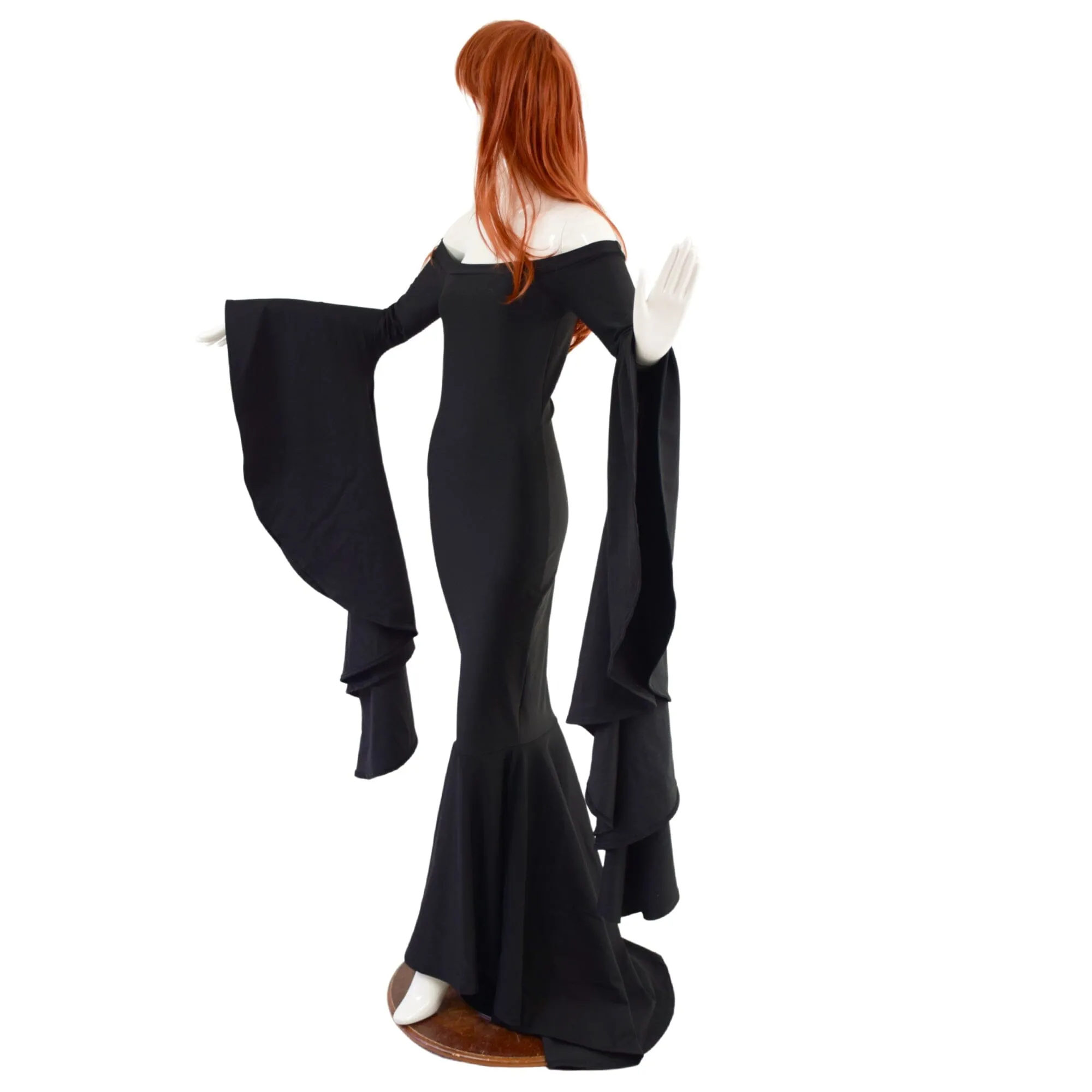Black Zen Morticia Gown with Off Shoulder Neckline & Sorceress Sleeves