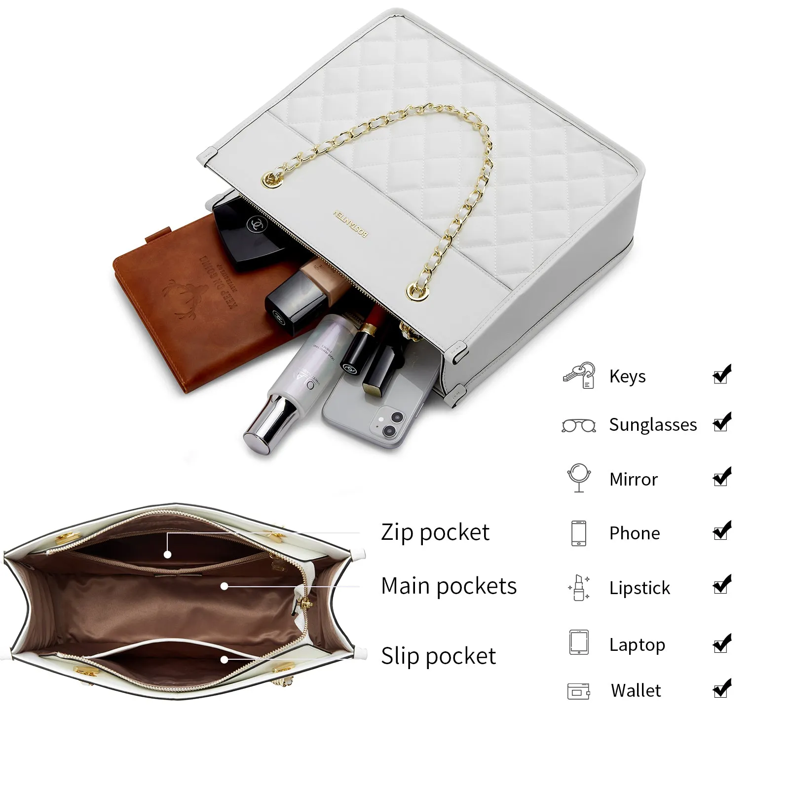 BOSTANTEN Handbags for Women Designer Leather Purses Quilted Shoulder Tote Bag with Chain Strap