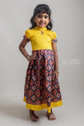Bright Yellow Semi Silk Patola Printed Anarkali With Closed Neck