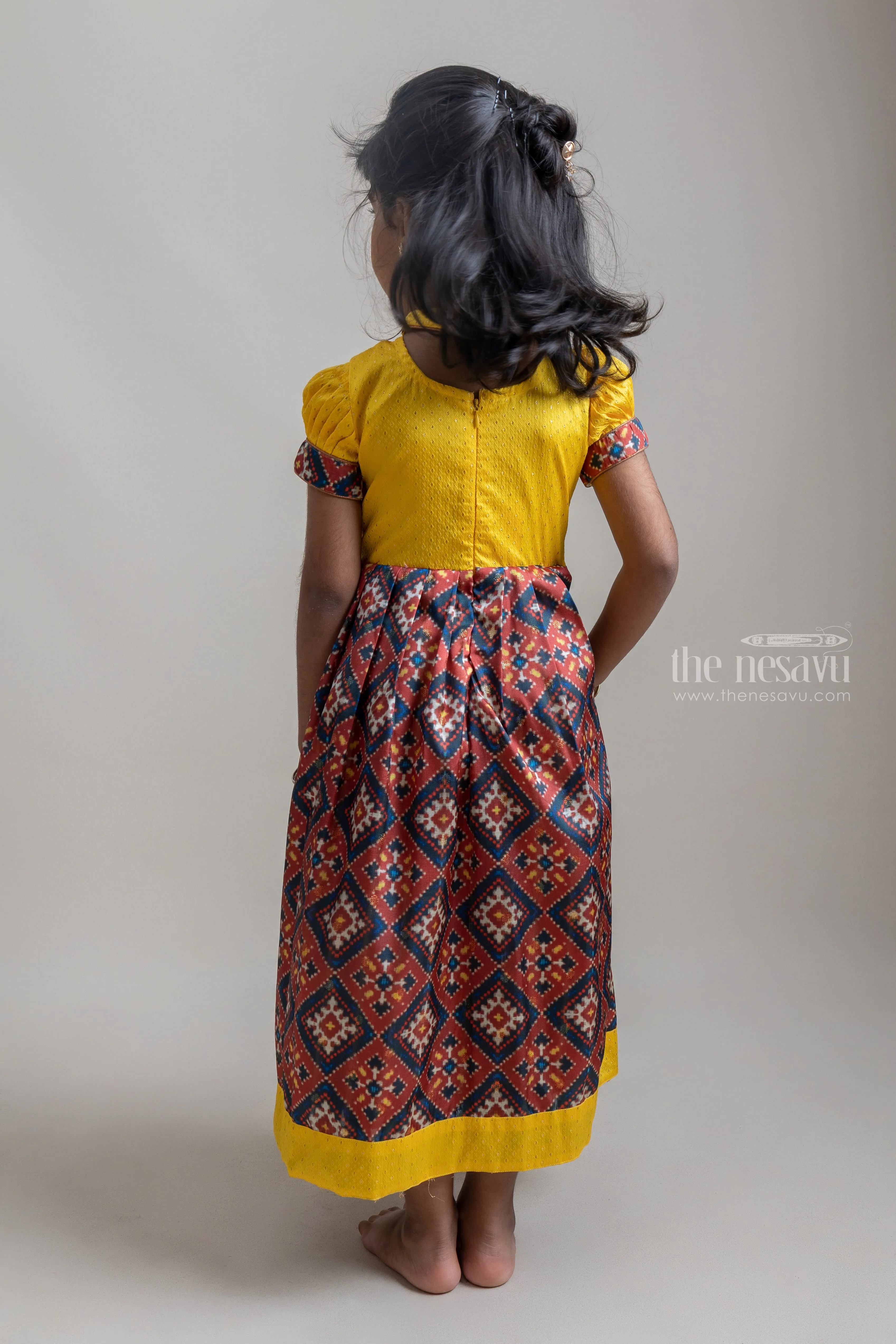 Bright Yellow Semi Silk Patola Printed Anarkali With Closed Neck
