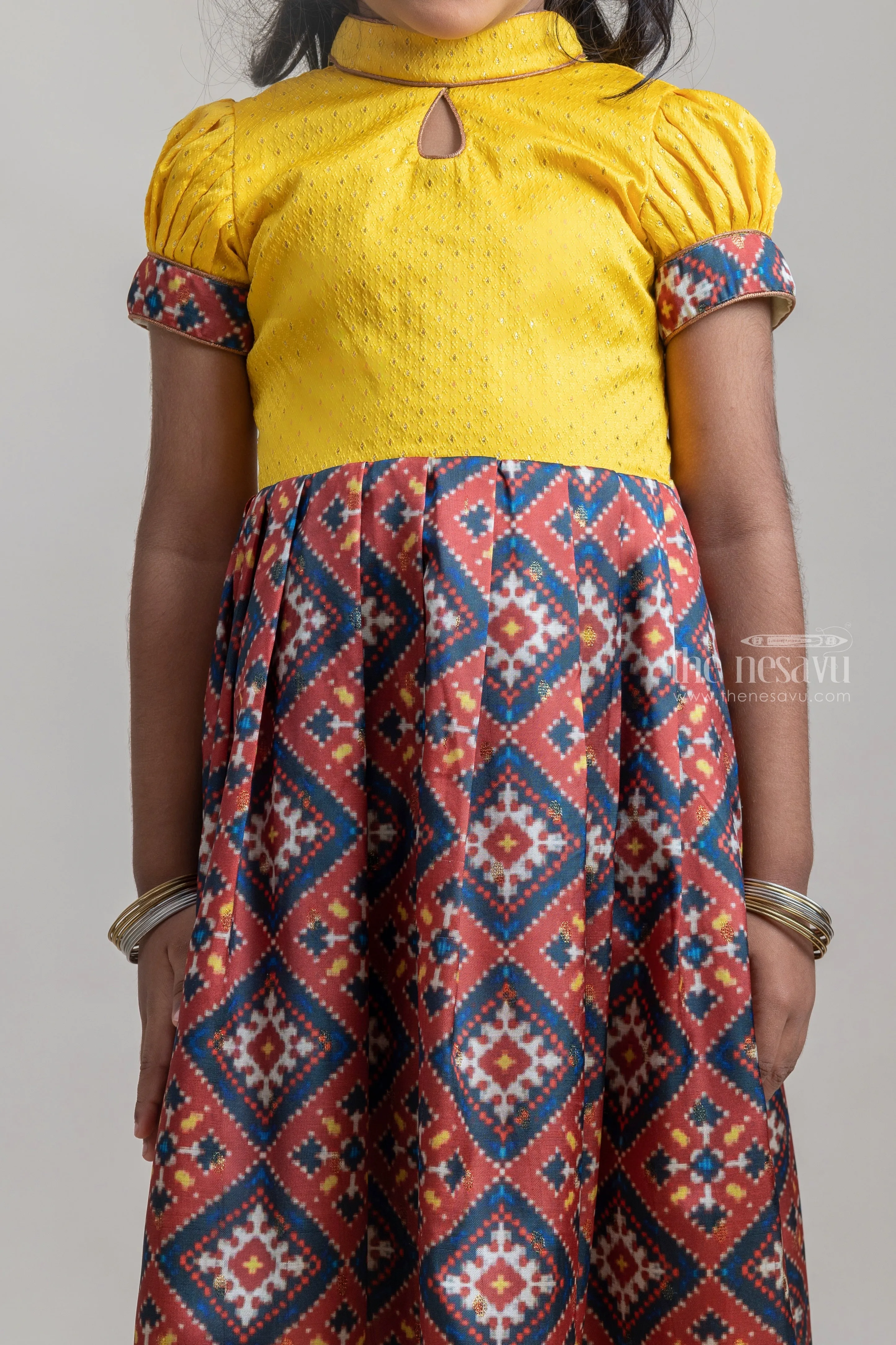 Bright Yellow Semi Silk Patola Printed Anarkali With Closed Neck
