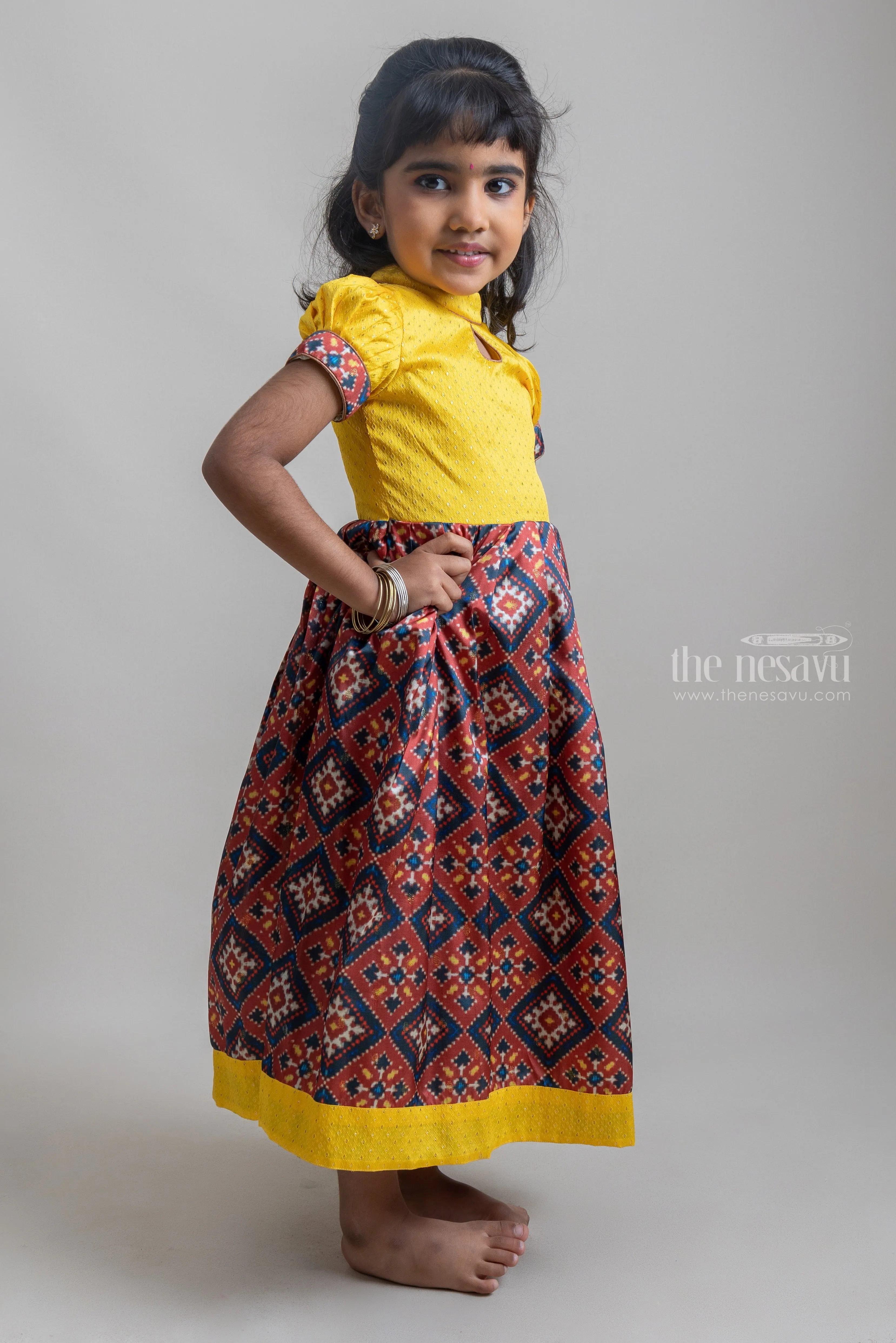 Bright Yellow Semi Silk Patola Printed Anarkali With Closed Neck