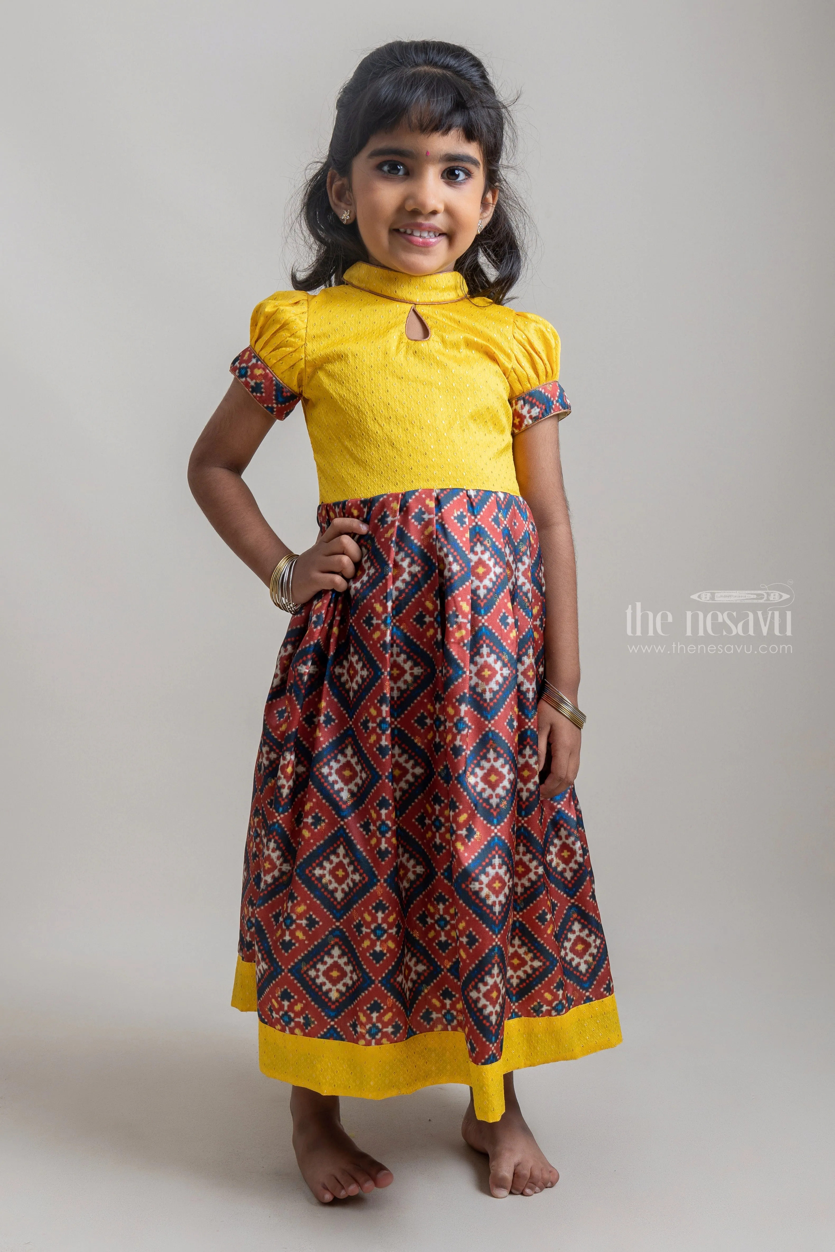 Bright Yellow Semi Silk Patola Printed Anarkali With Closed Neck