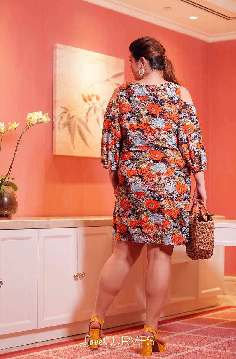 Cold Shoulder Bishop Sleeves Sheath Dress - Orange Flowers - OLI