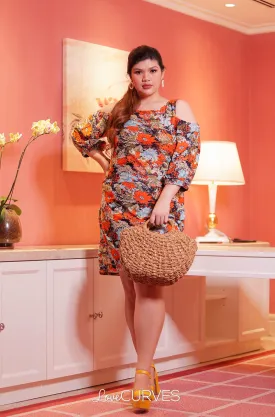 Cold Shoulder Bishop Sleeves Sheath Dress - Orange Flowers - OLI