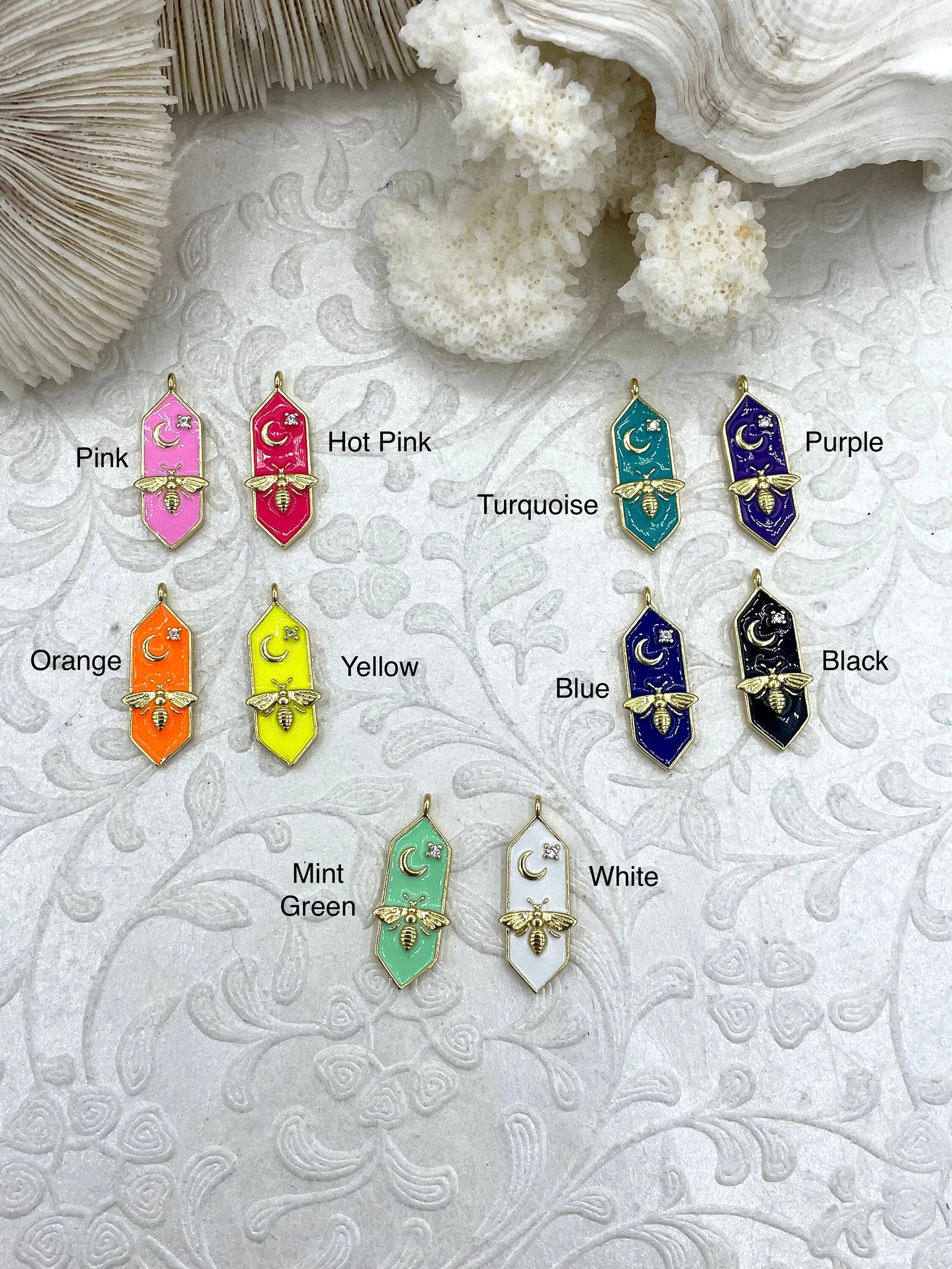 Colorful Enamel and Gold Pendants with CZ, Gold Bee and Moon Charm, 10 Colors, Enamel and Gold Plated Brass Pendants, Fast Ship.