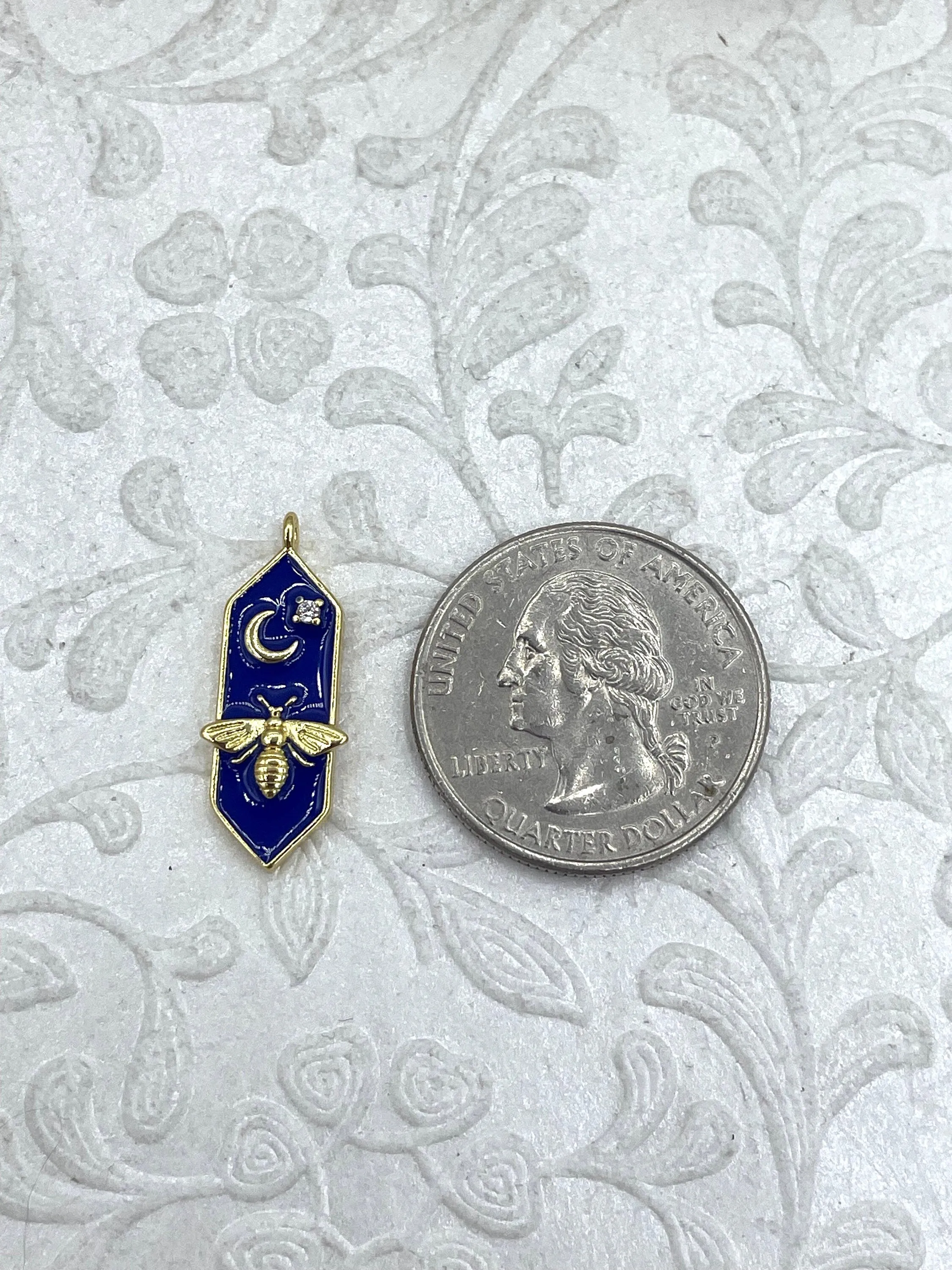Colorful Enamel and Gold Pendants with CZ, Gold Bee and Moon Charm, 10 Colors, Enamel and Gold Plated Brass Pendants, Fast Ship.