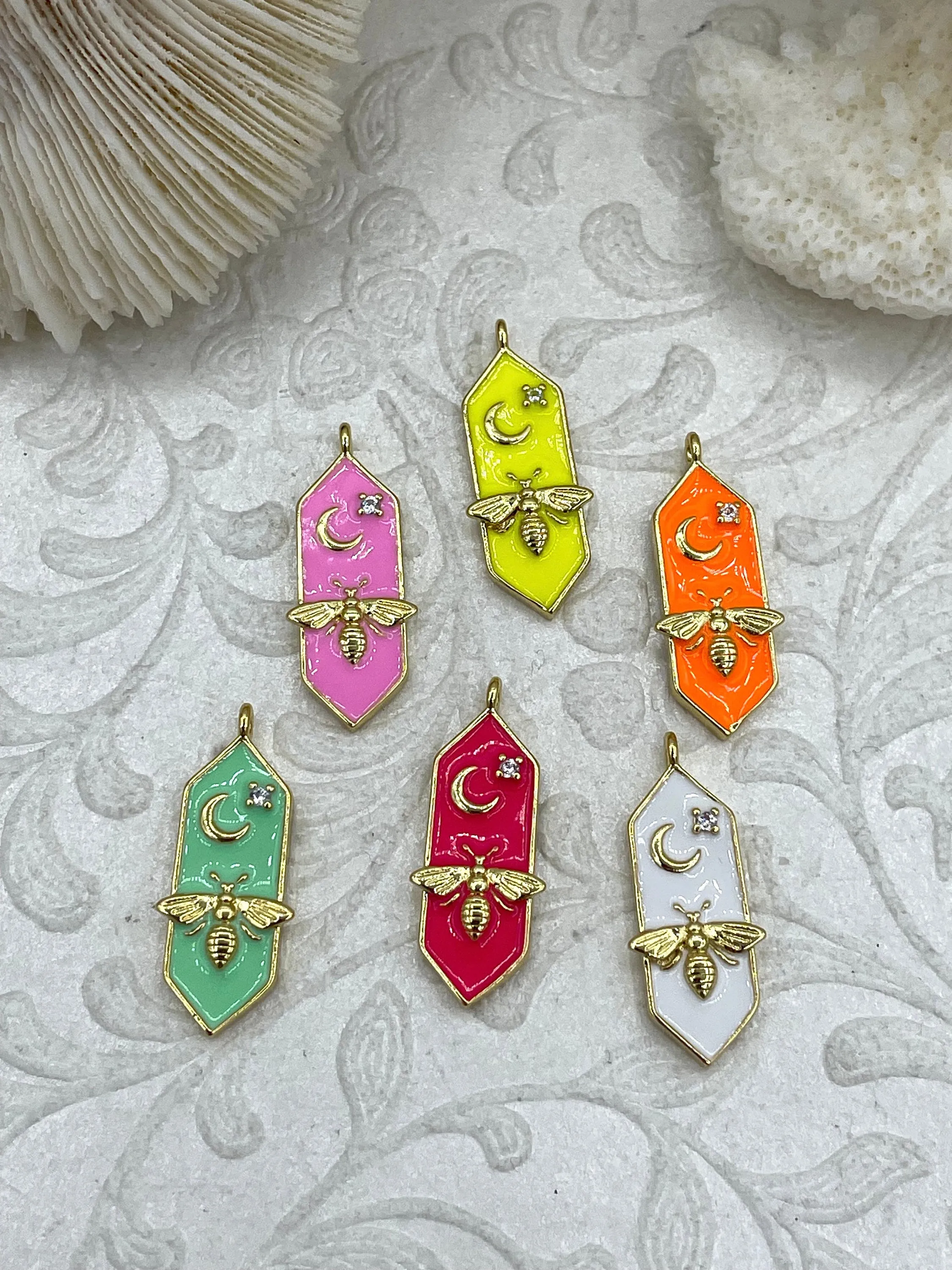 Colorful Enamel and Gold Pendants with CZ, Gold Bee and Moon Charm, 10 Colors, Enamel and Gold Plated Brass Pendants, Fast Ship.