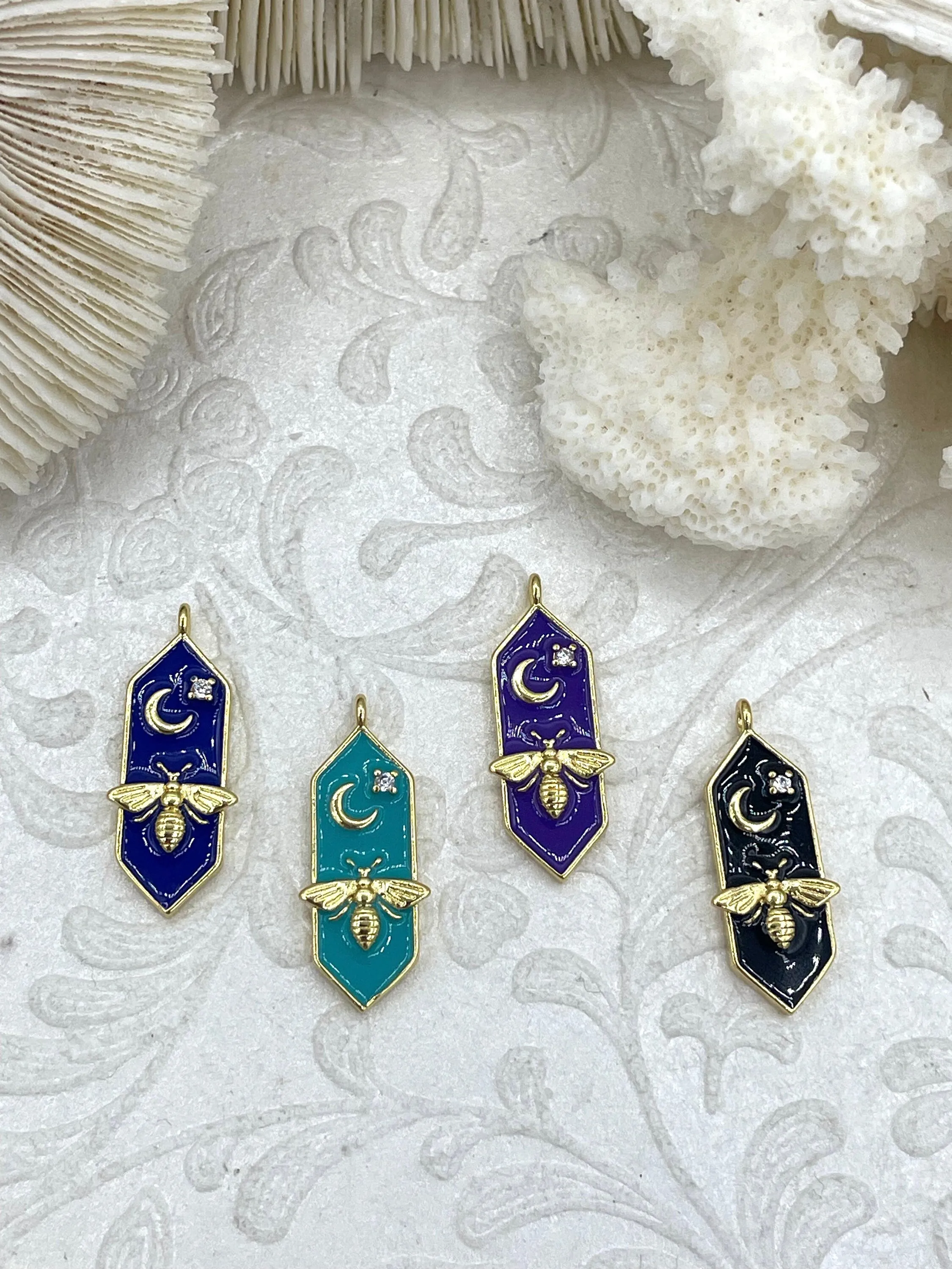 Colorful Enamel and Gold Pendants with CZ, Gold Bee and Moon Charm, 10 Colors, Enamel and Gold Plated Brass Pendants, Fast Ship.