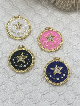 CZ Micro Pave Enamel 8 Star On Round Coin Enamel Pendant Charm Pendant BRASS 4 Colors from the menu.24x22mm Fast Shipping