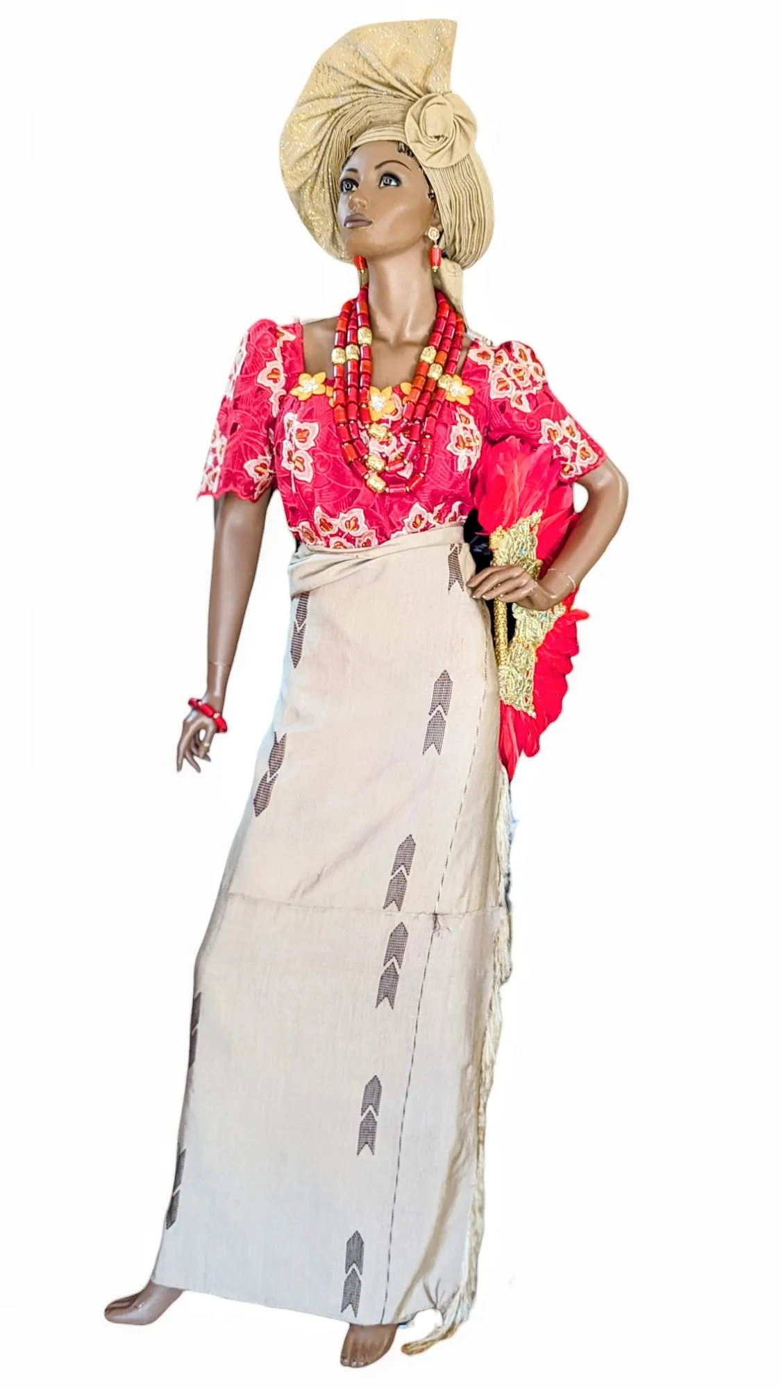 Dupsie's Igbiruba Fusion: Red Gold Beige Lace Top with Tan and Brown Aso Oke Iro Wrap Skirt DPIM035TW