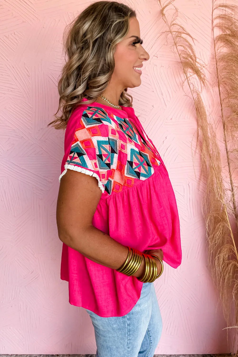 Embroidered Tassel Tie V Neck Blouse