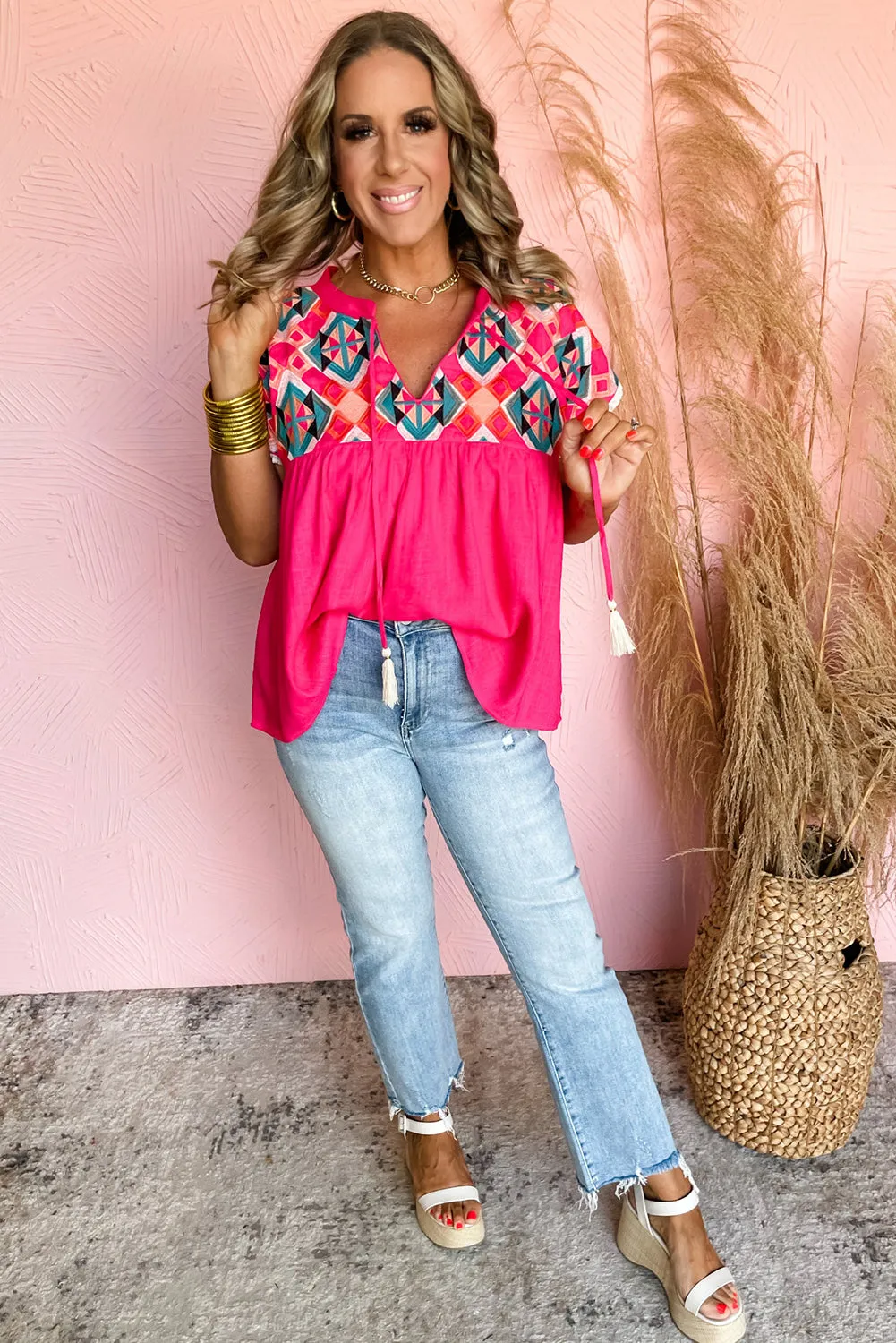 Embroidered Tassel Tie V Neck Blouse