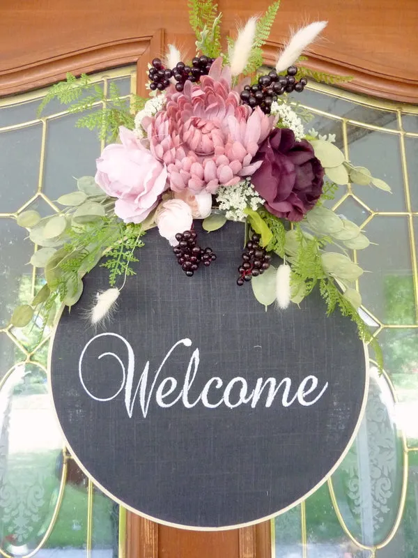 Farmhouse wreath, Embroidery hoop wreath, farmhouse decor, wood hoop welcome