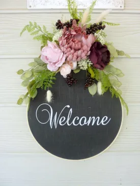 Farmhouse wreath, Embroidery hoop wreath, farmhouse decor, wood hoop welcome