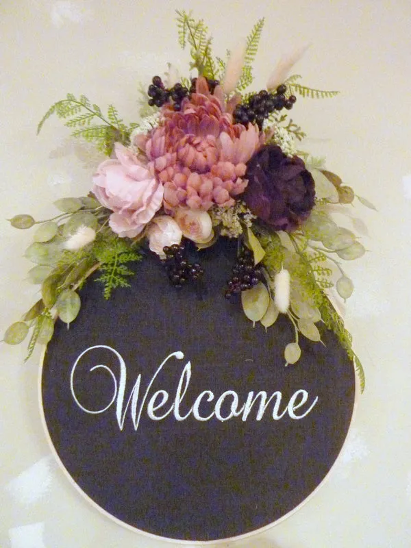 Farmhouse wreath, Embroidery hoop wreath, farmhouse decor, wood hoop welcome