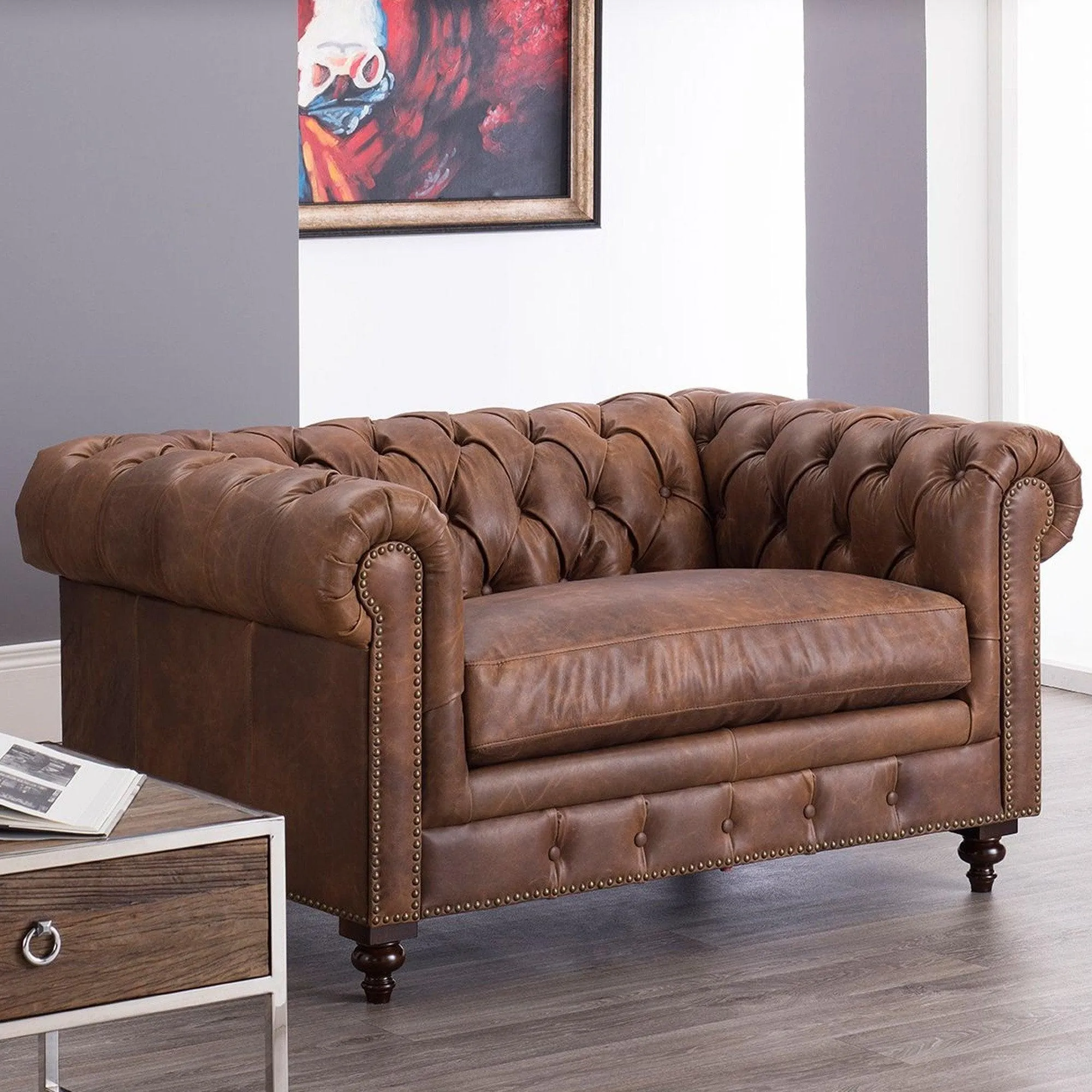 Fio Chesterfield Brown Euro Leather 1 Seater Sofa Couch