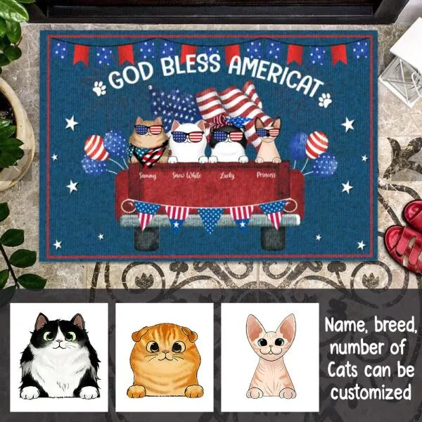 God Bless Americat Cat Personalized Doormat - Cat And Name can be customized