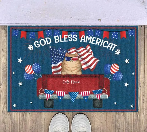 God Bless Americat Cat Personalized Doormat - Cat And Name can be customized
