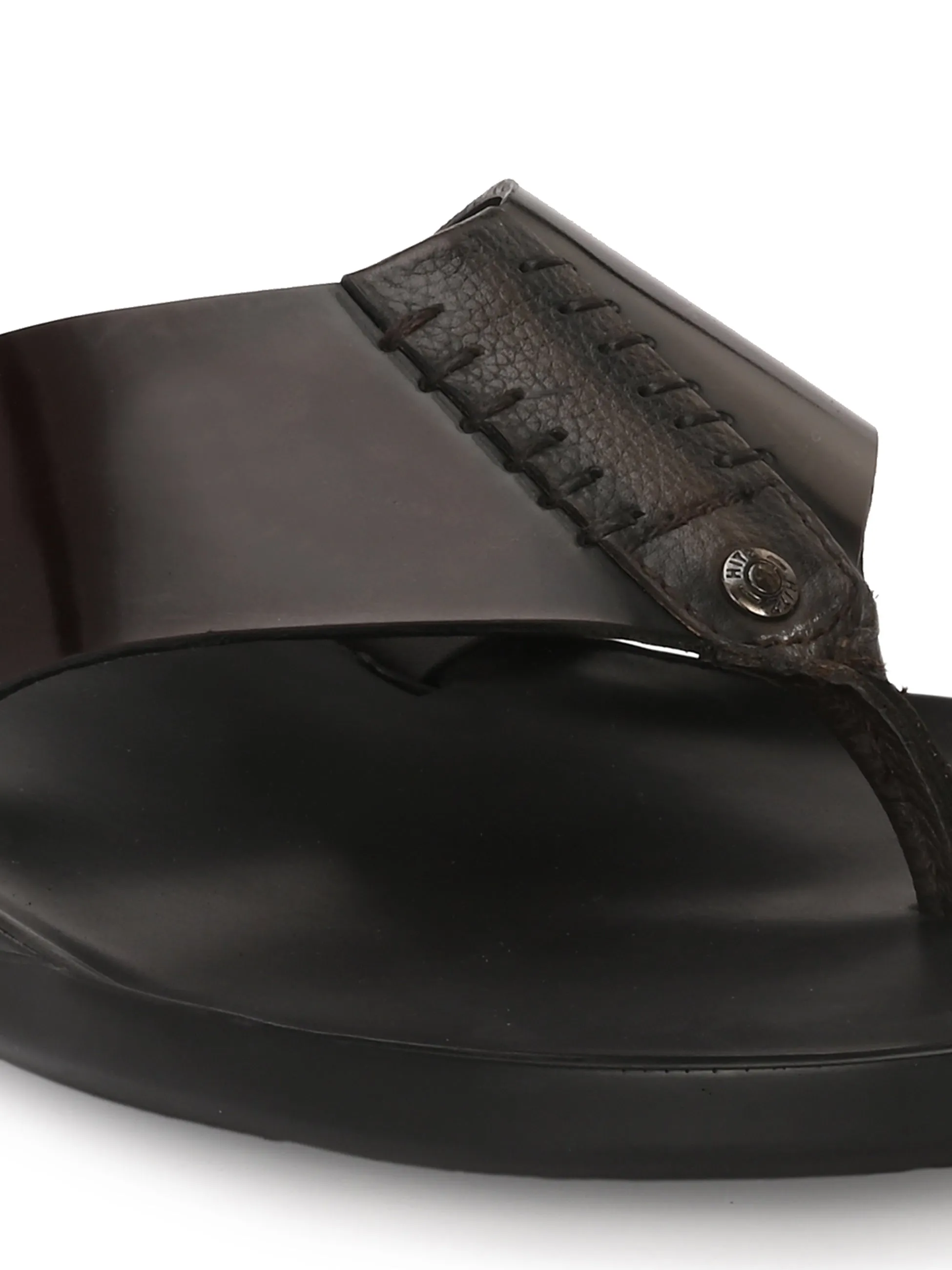 Hitz Men's Black Leather Open Toe Slippers