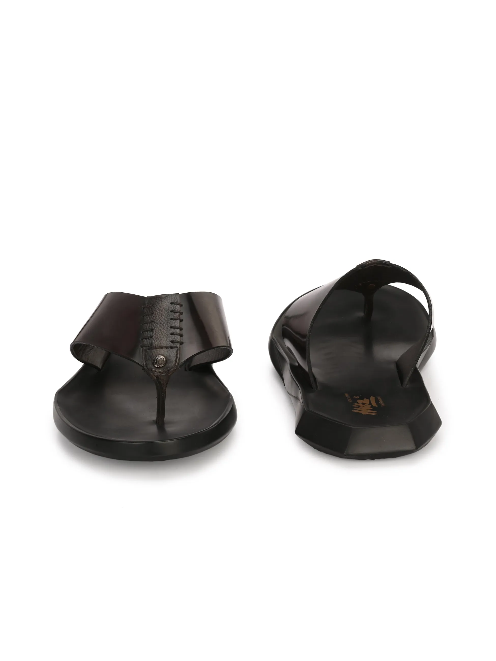 Hitz Men's Black Leather Open Toe Slippers